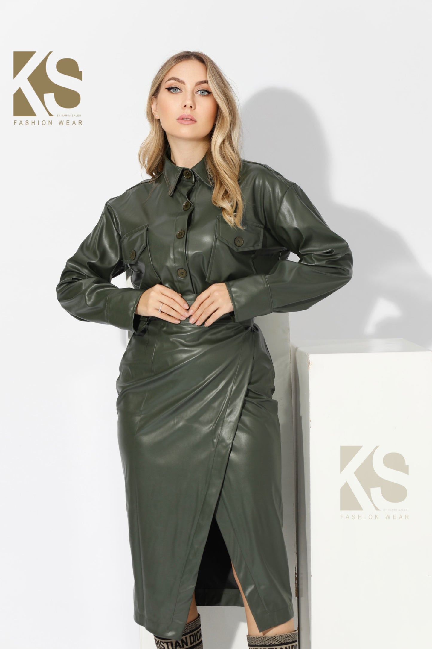 Co-Ord Leather Oversized Shirt & Wrapped Skirt - Olive