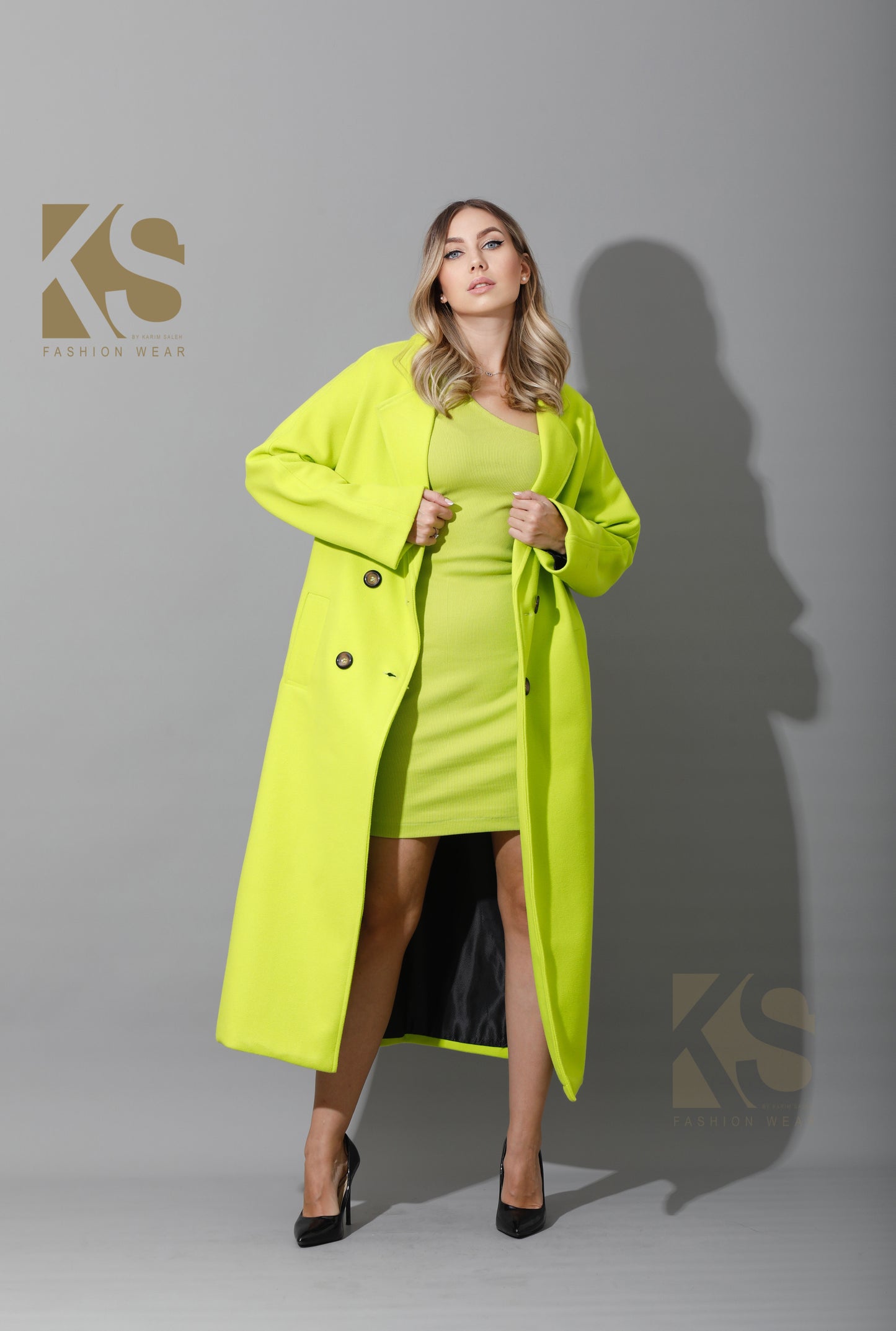 Long Double Breasted Coat - Lime Green