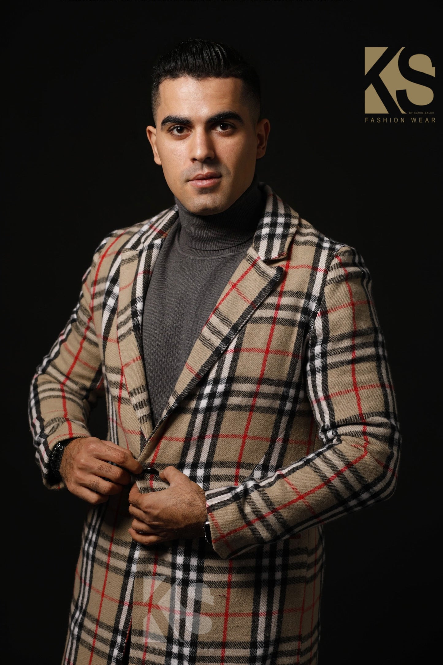 Men Short Checks Coat - Beige