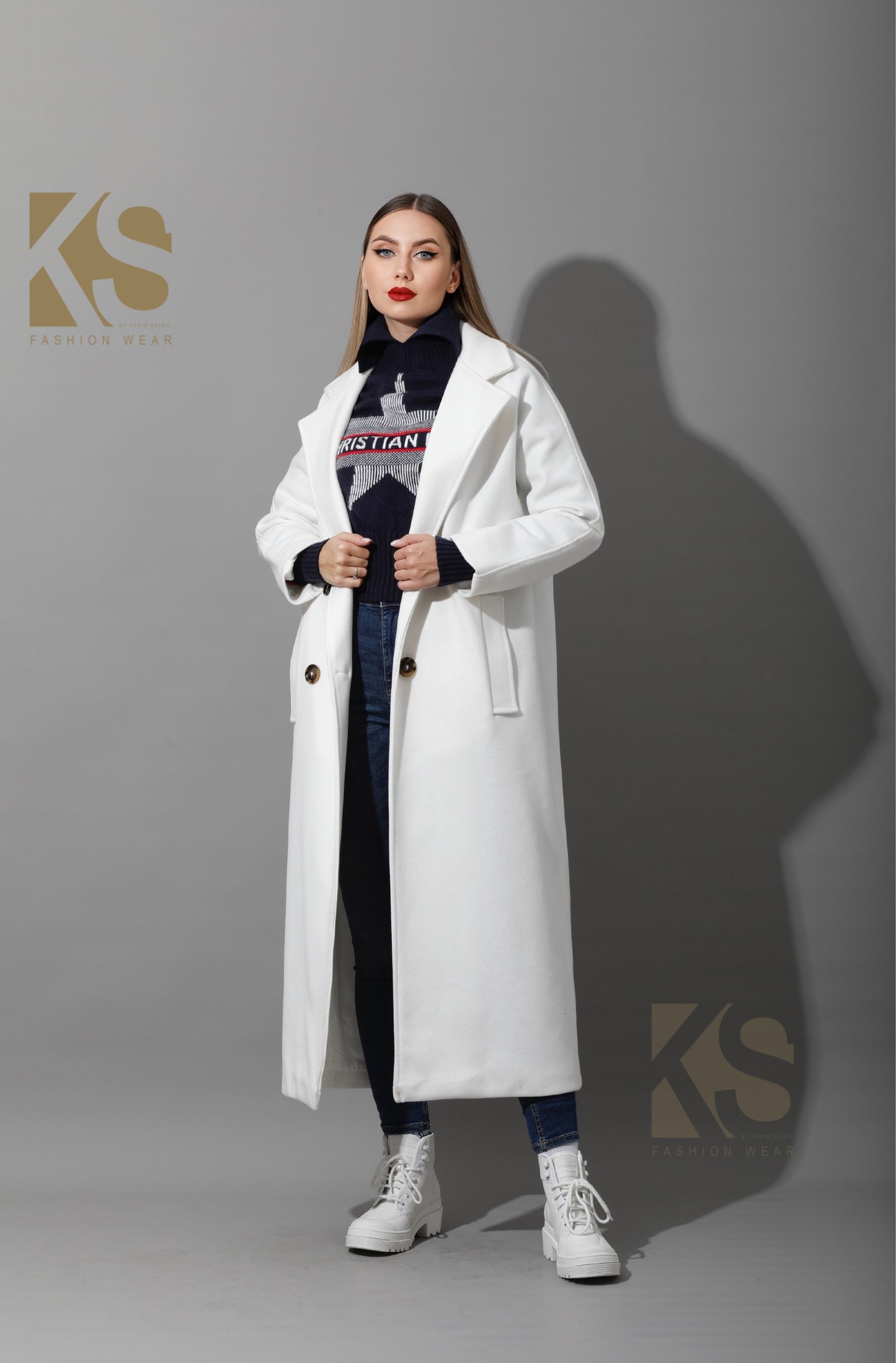 Long Double Breasted Coat - White