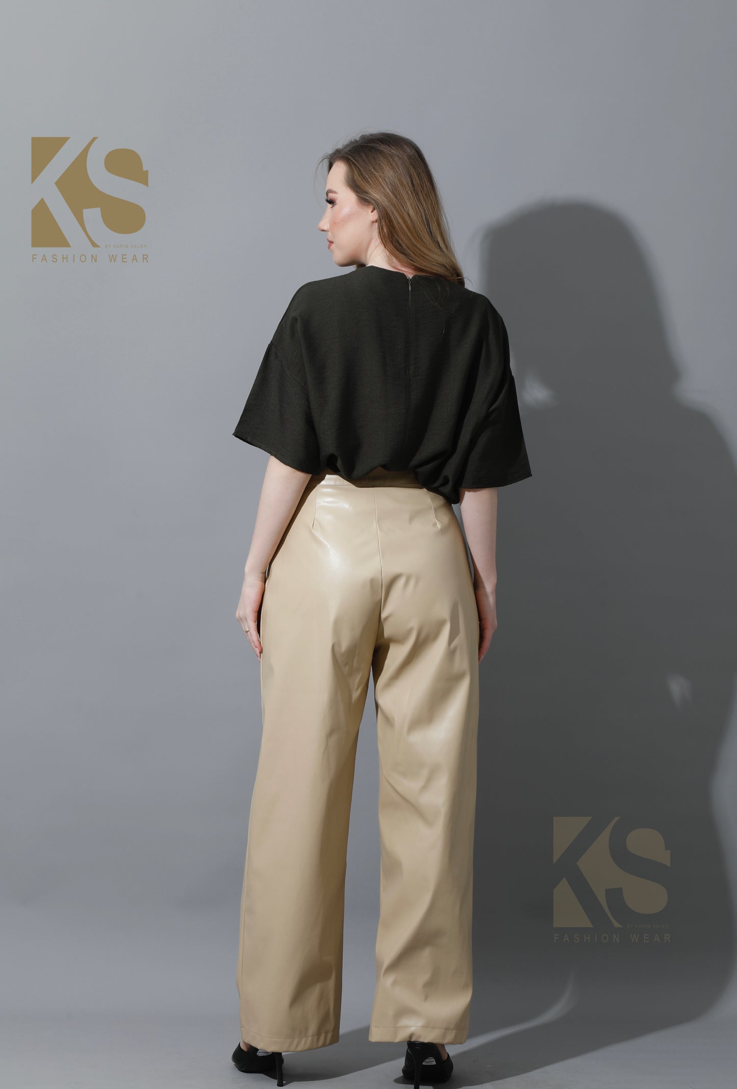 Leather Wide Leg Trousers - Beige