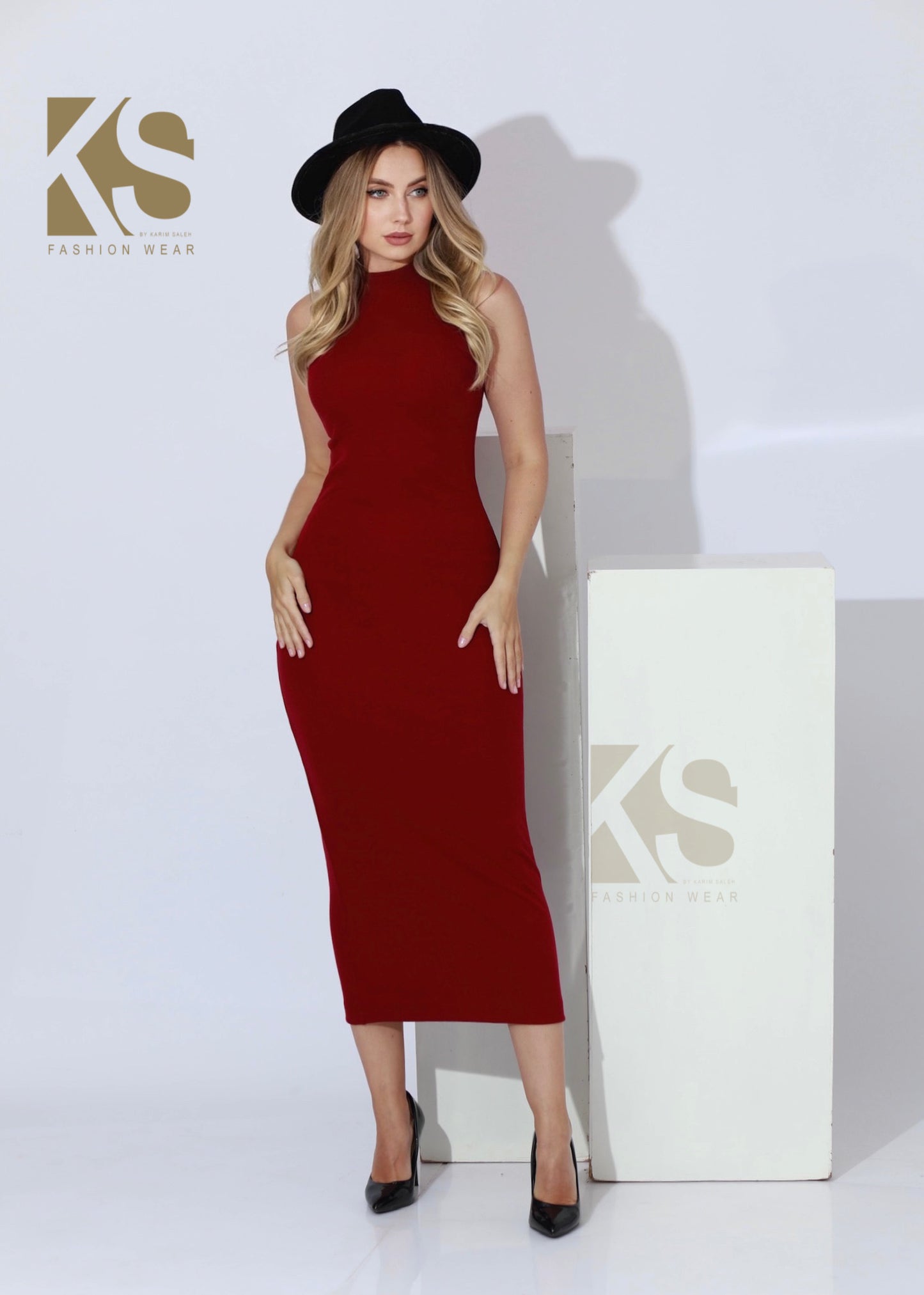 Slinky High Neck Midi Sleeveless Dress - Maroon