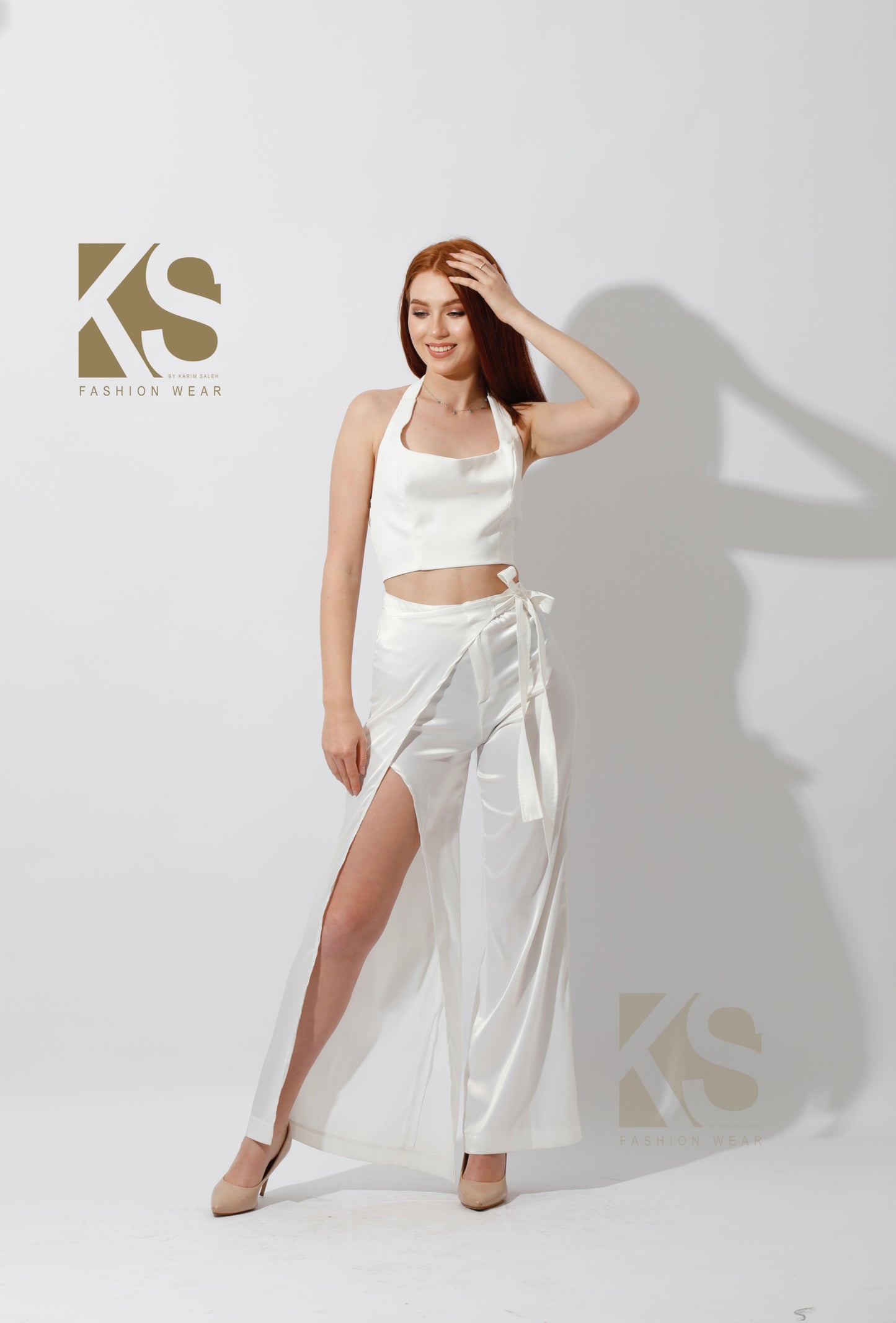 Satin Wrap Pants With Front Slit - White