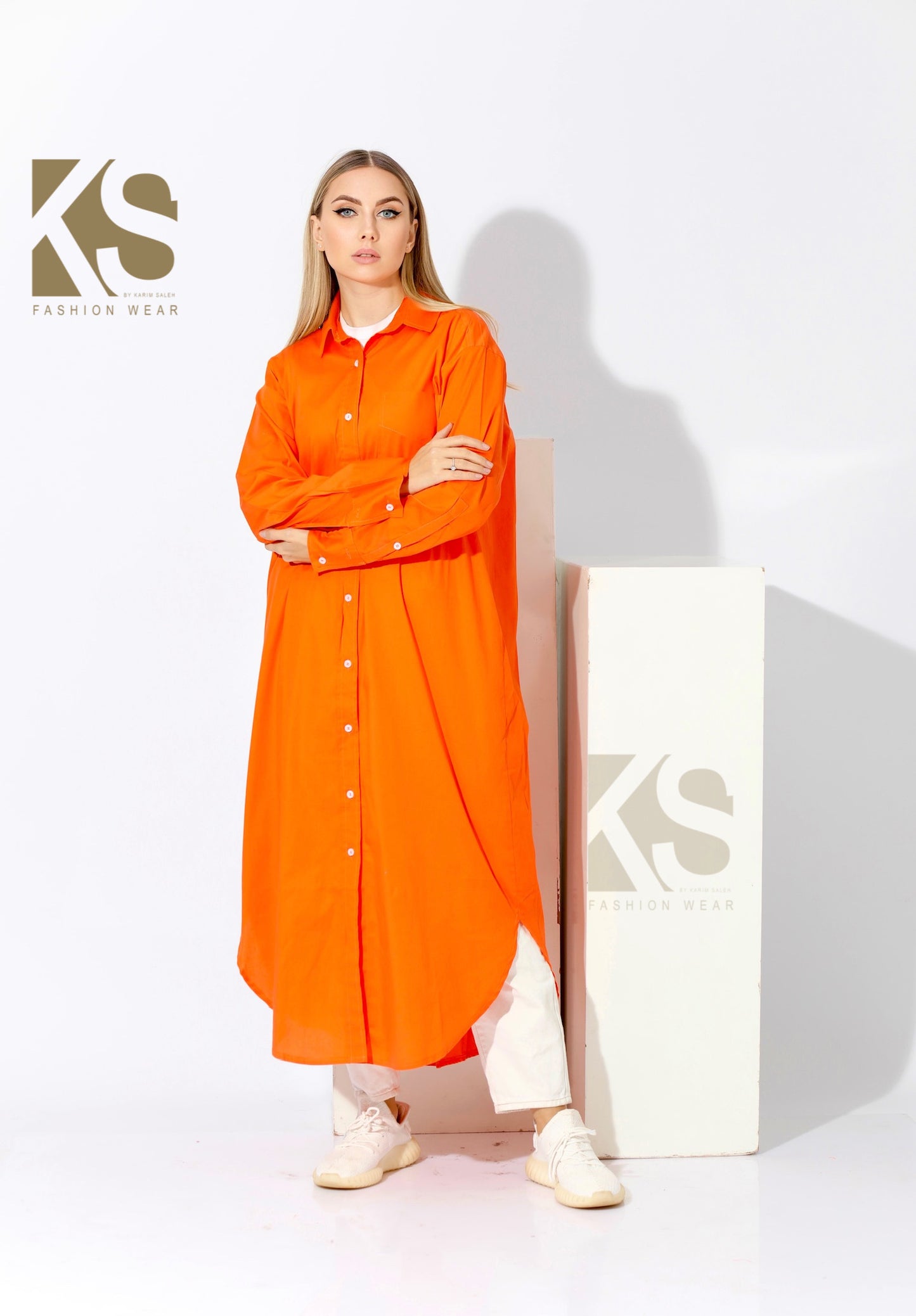 Long Oversized Shirt Dress - Orange