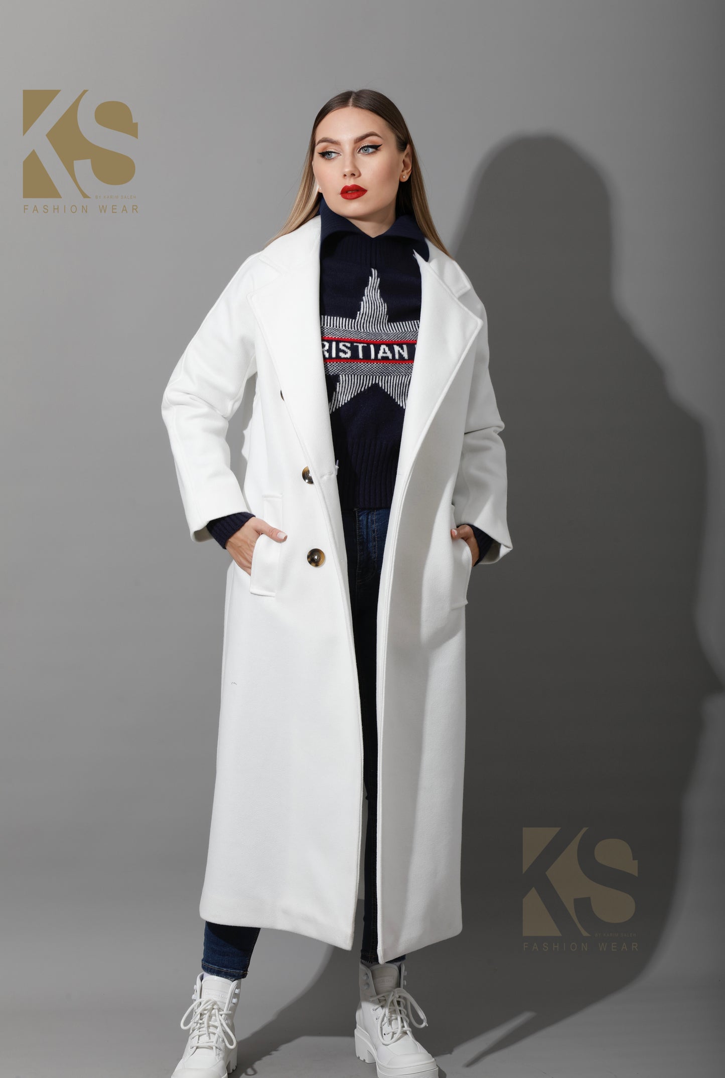 Long Double Breasted Coat - White