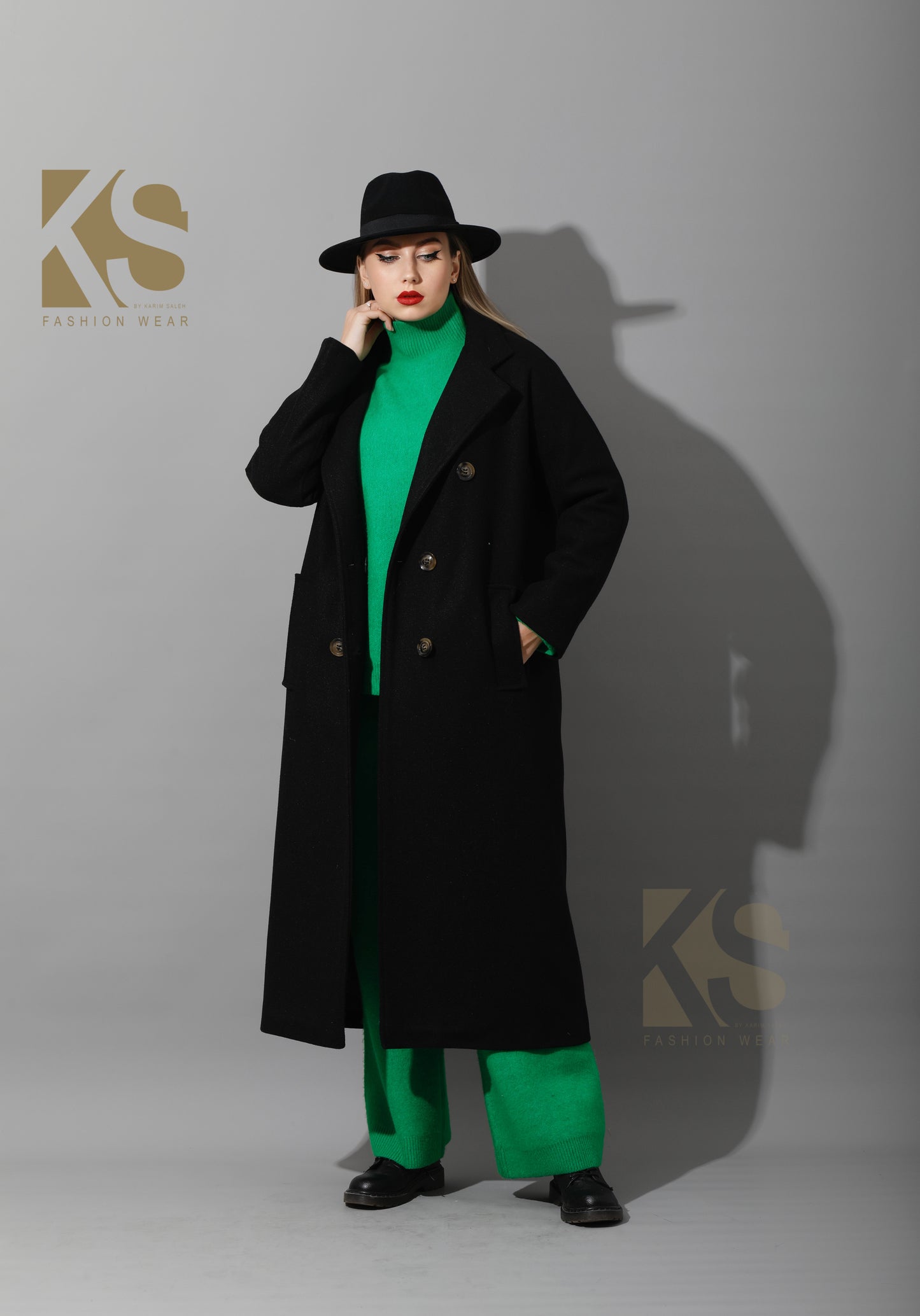 Long Double Breasted Coat - Black