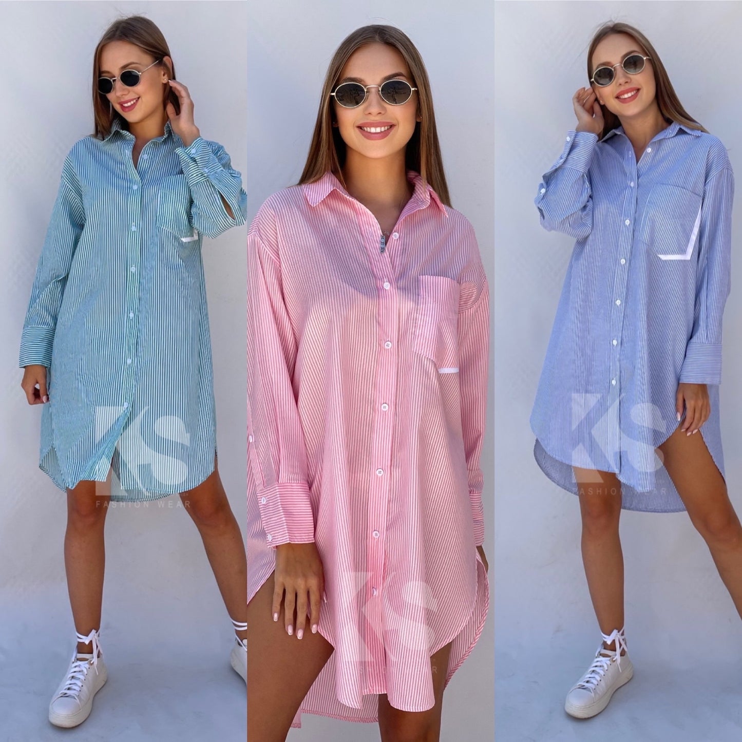 Oversized Striped Shirt Dress - Striped Pink