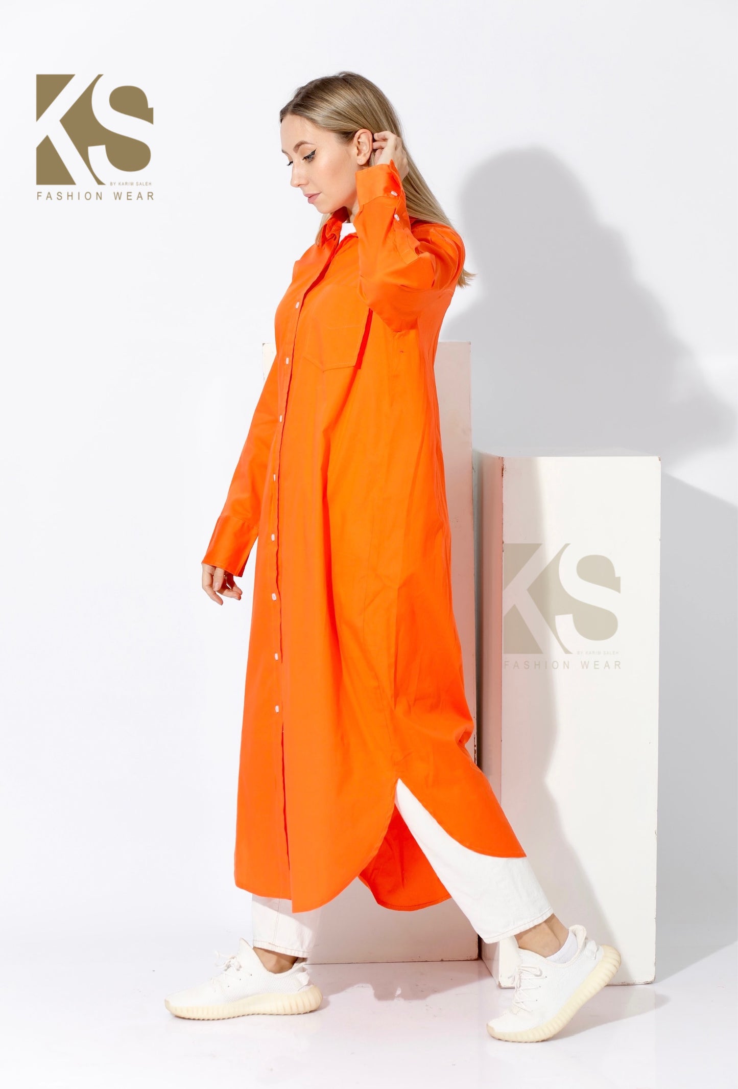 Long Oversized Shirt Dress - Orange