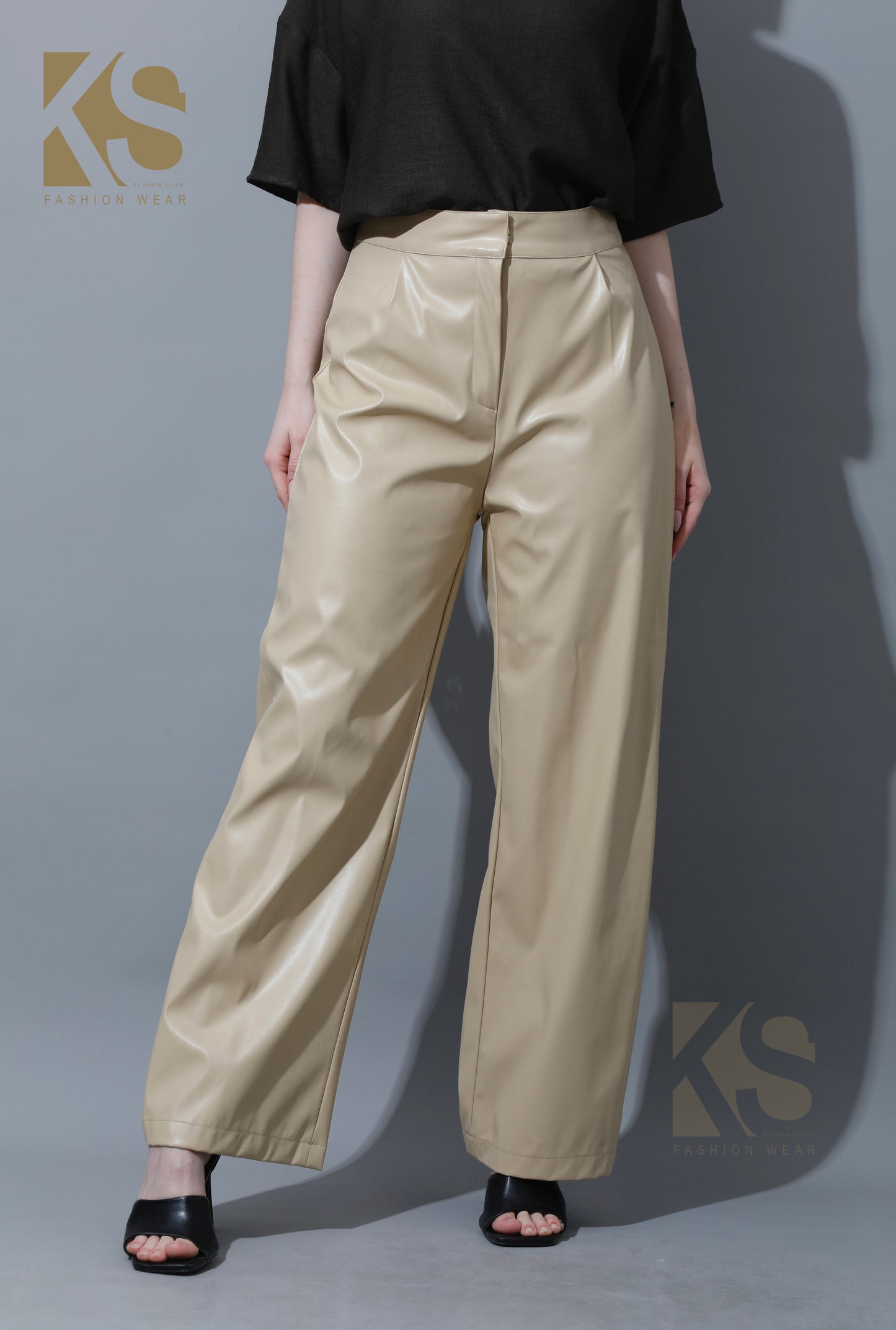 Leather Wide Leg Trousers - Beige