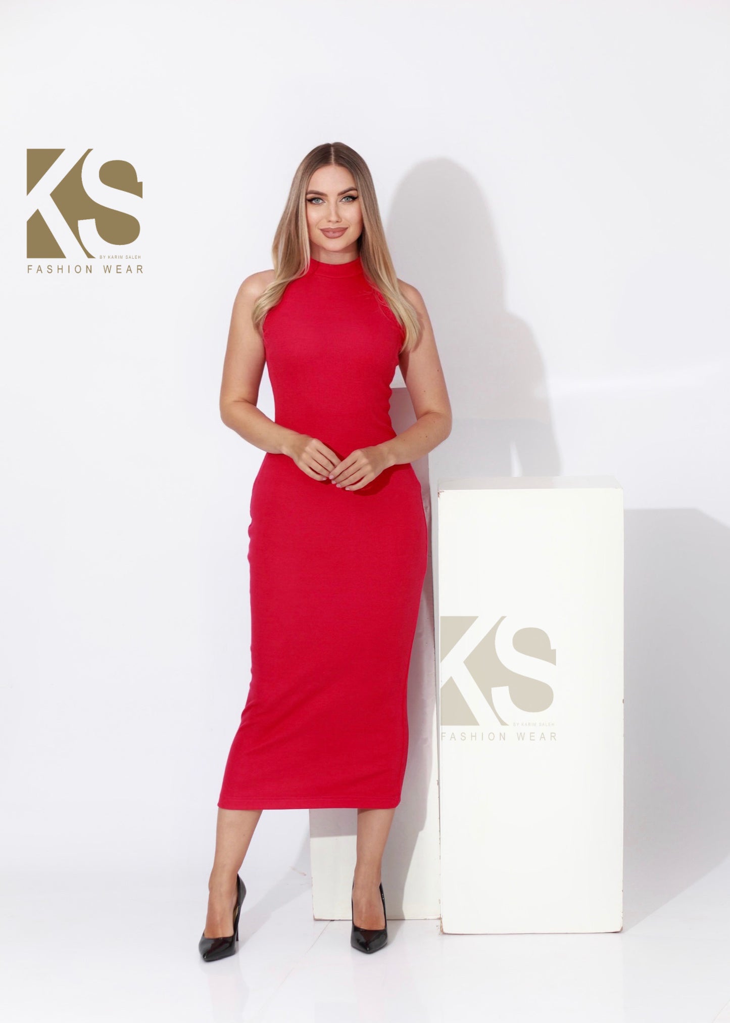 Slinky High Neck Midi Sleeveless Dress - Barbie Pink