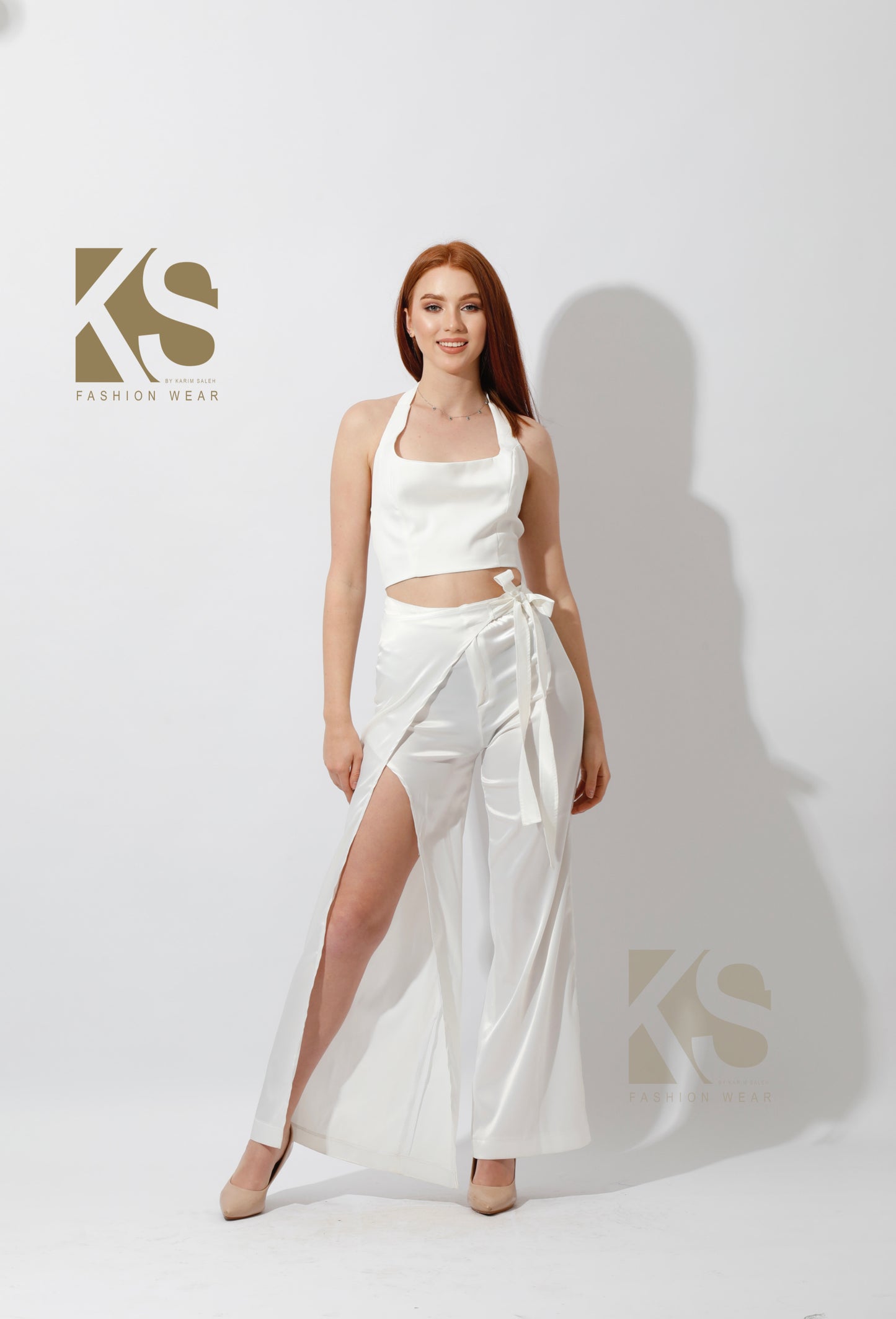 Satin Wrap Pants With Front Slit - White