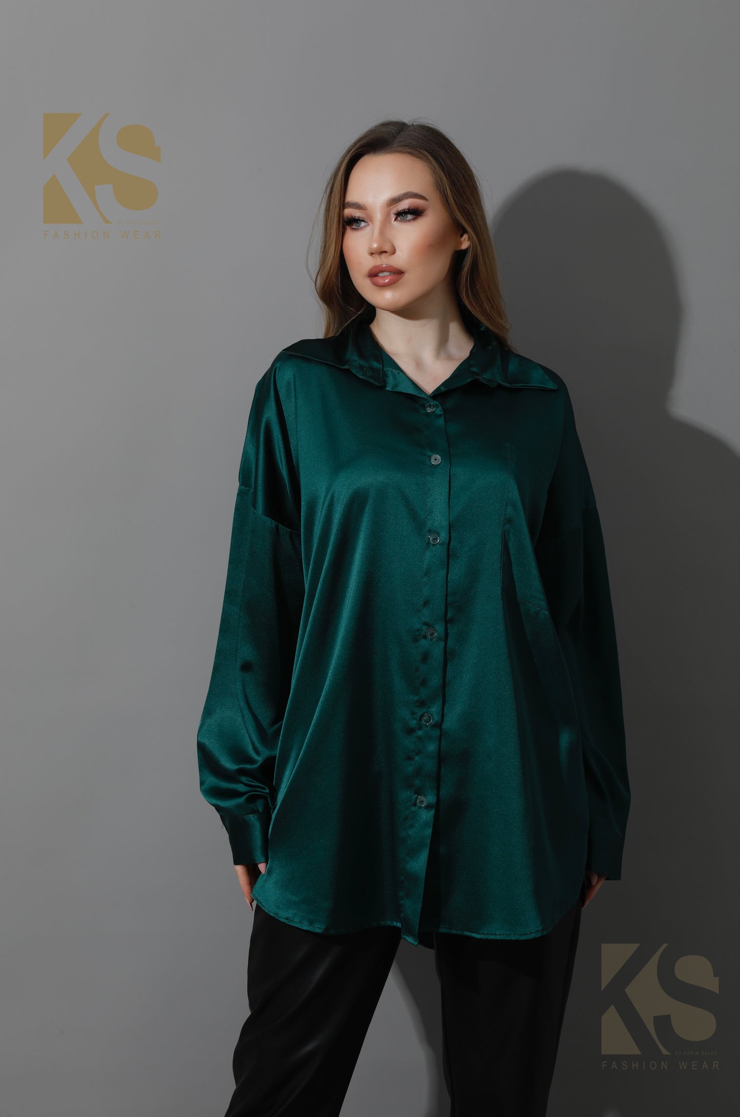 Oversized Satin Blouse - Dark Green