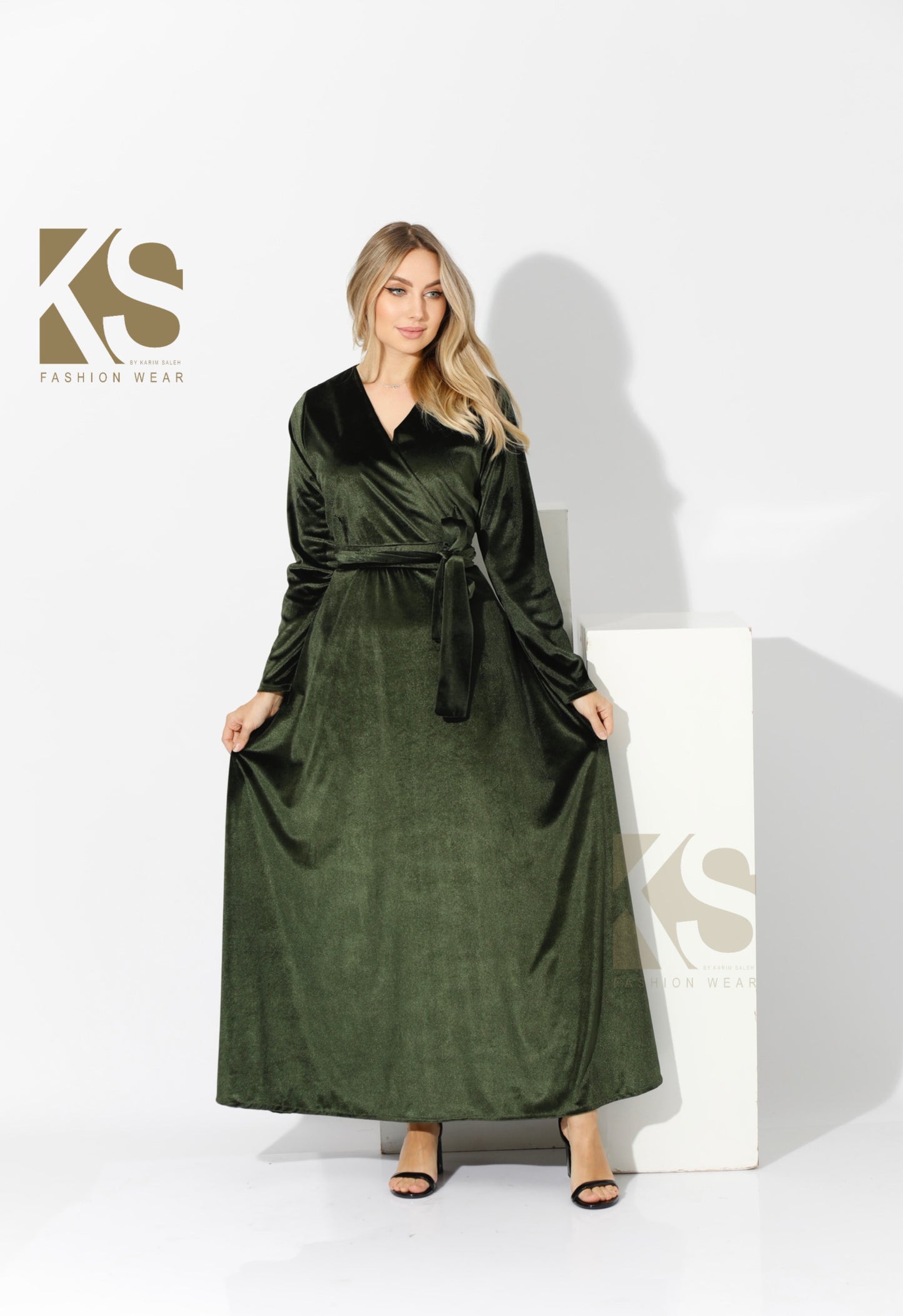 Velvet Wrap Maxi Dress - Olive