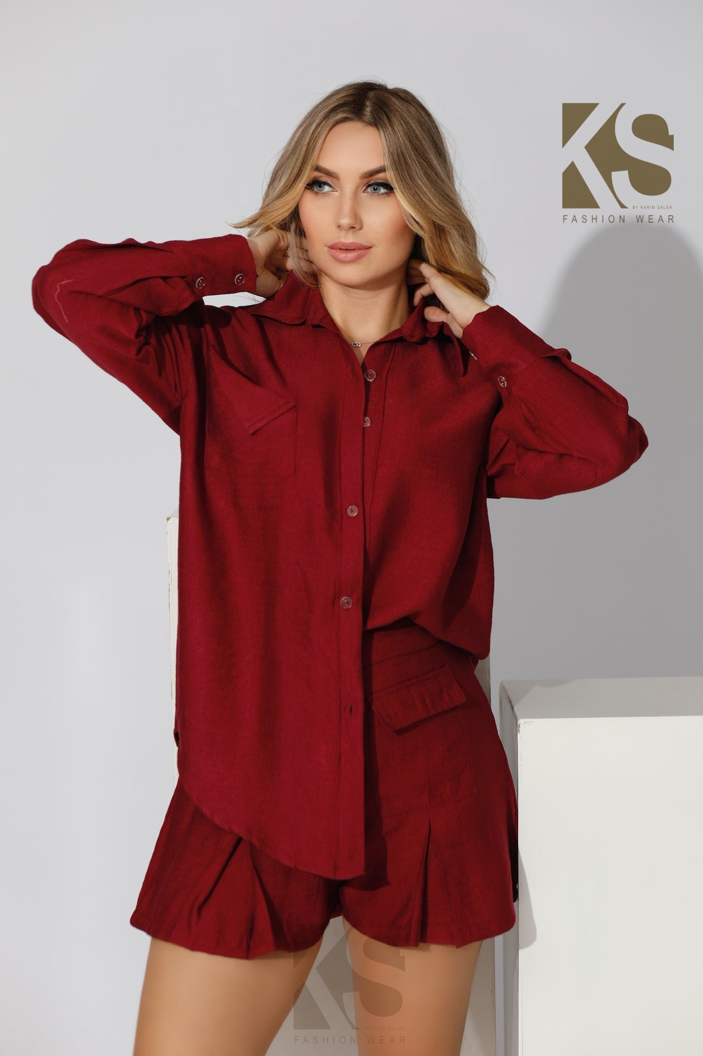 Pleated Shorts With Patched Pocket - Maroon