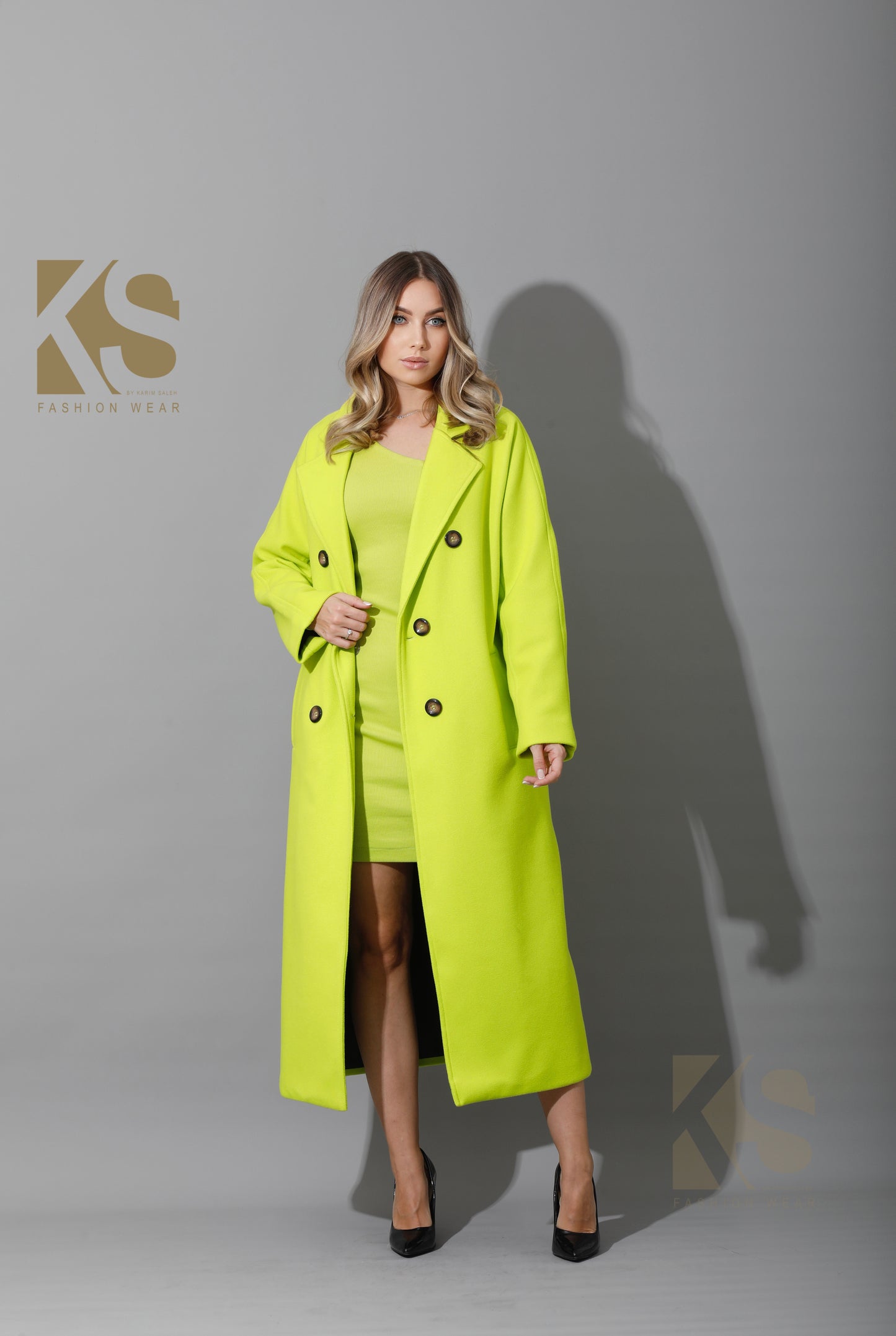Long Double Breasted Coat - Lime Green