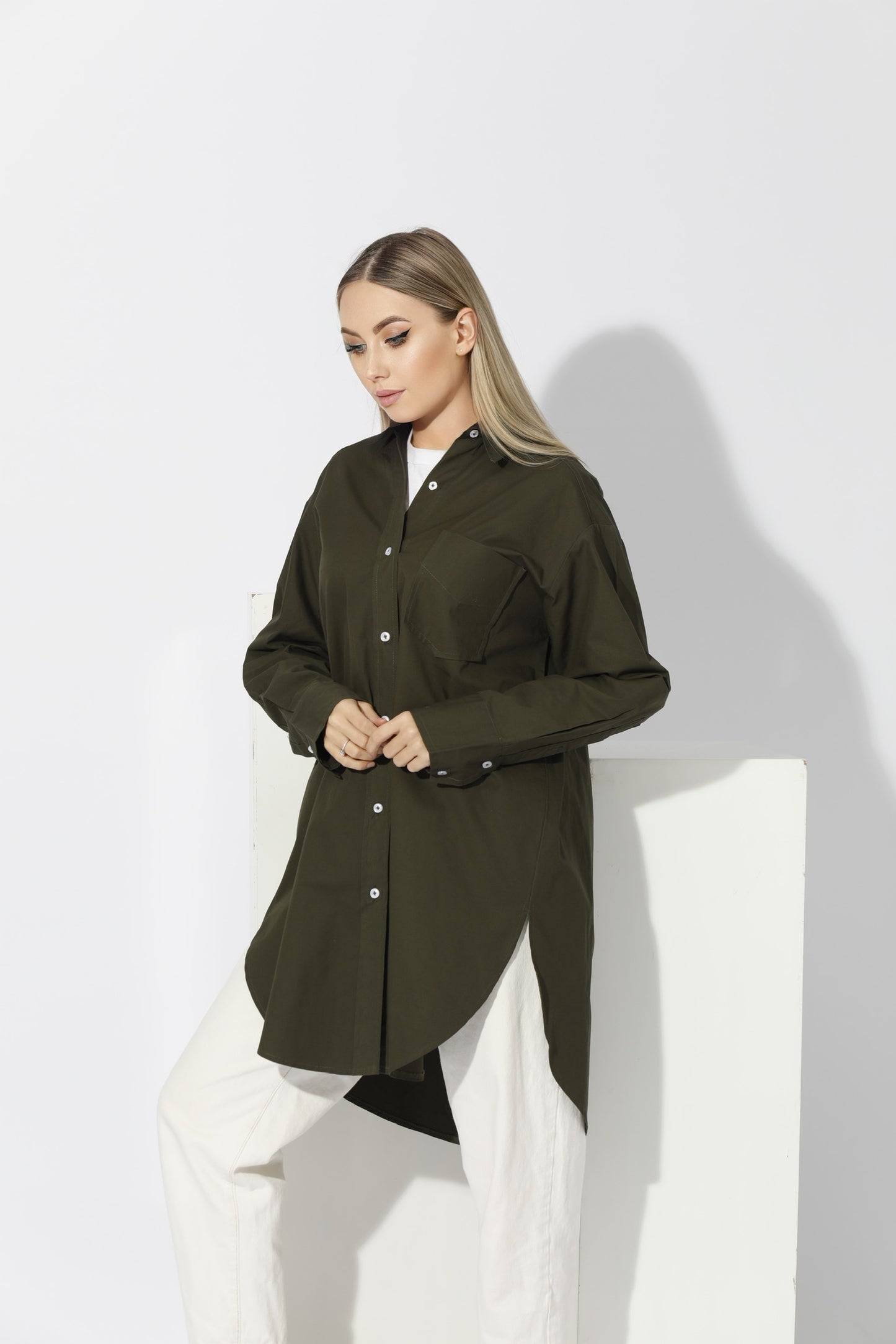 Oversized Shirt Dress - Dark Olive