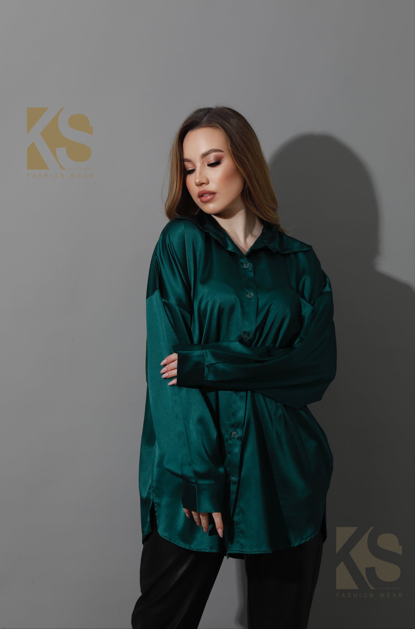 Oversized Satin Blouse - Dark Green