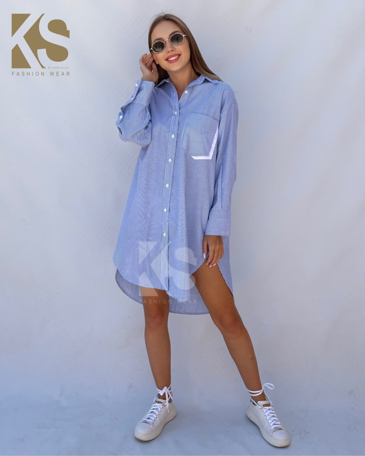 Oversized Striped Shirt Dress - Striped Blue