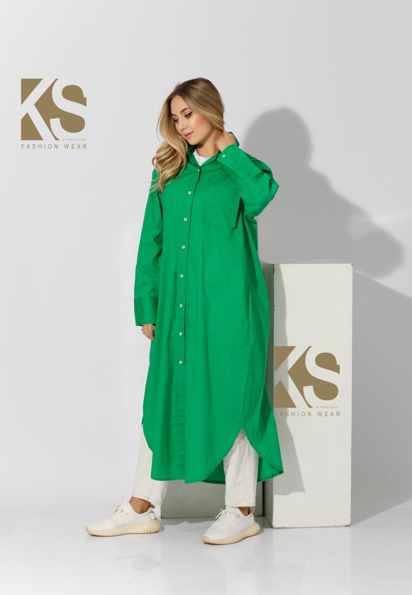 Long Oversized Shirt Dress - Green