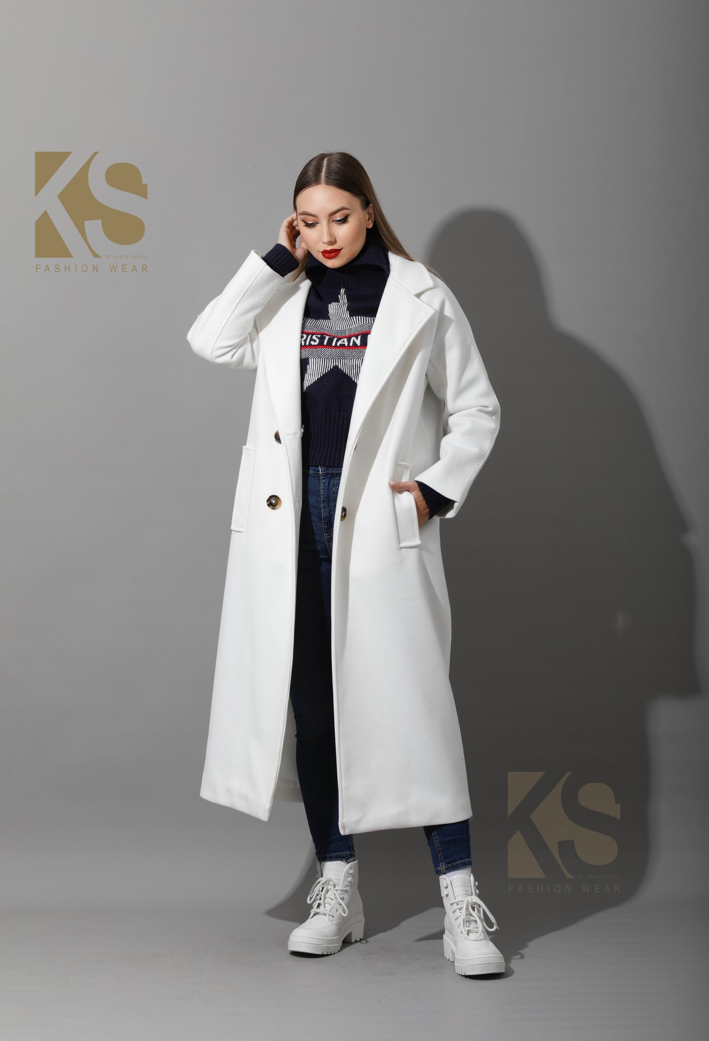 Long Double Breasted Coat - White