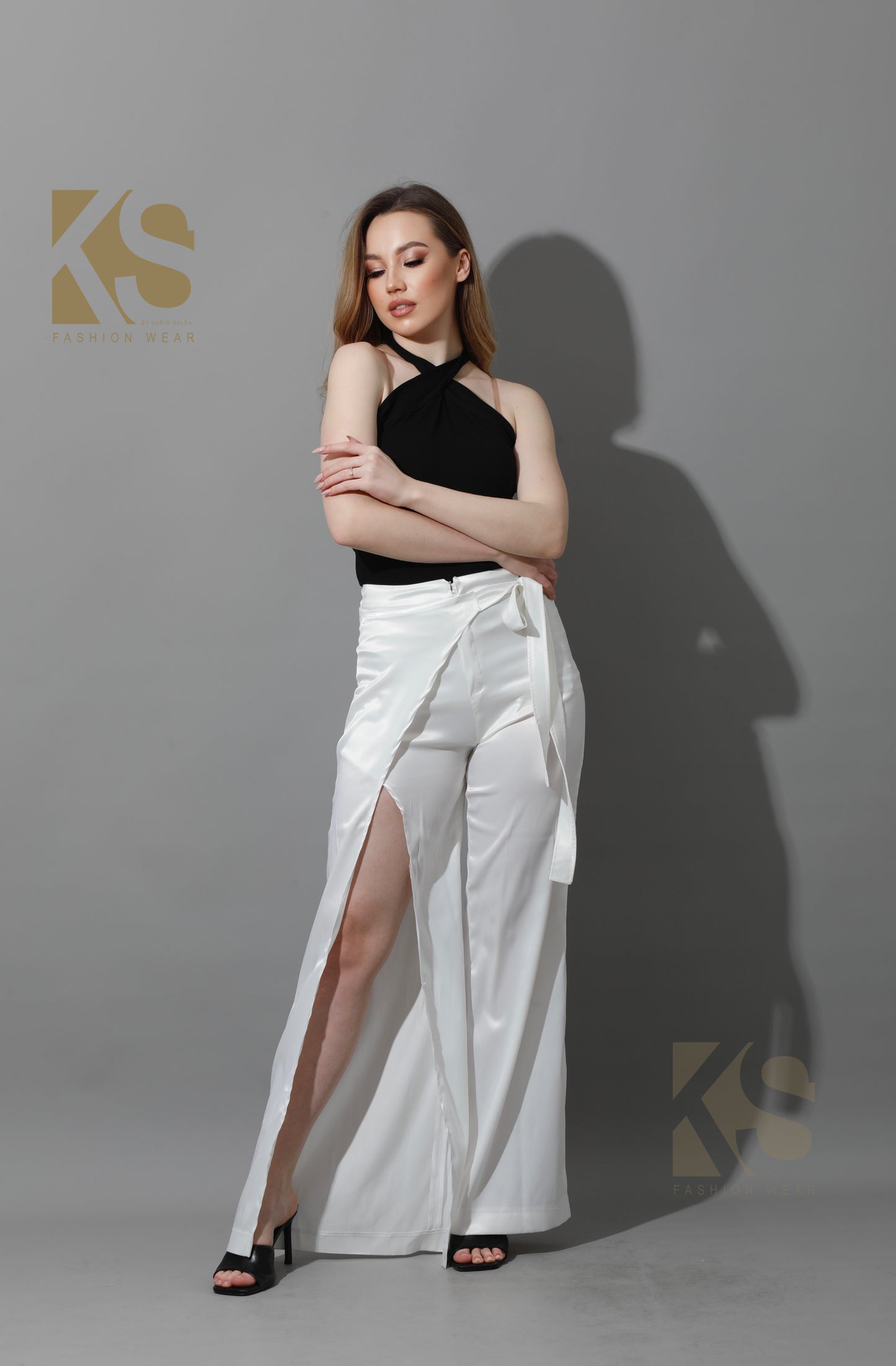 Wrap Pants With Front Slit - White