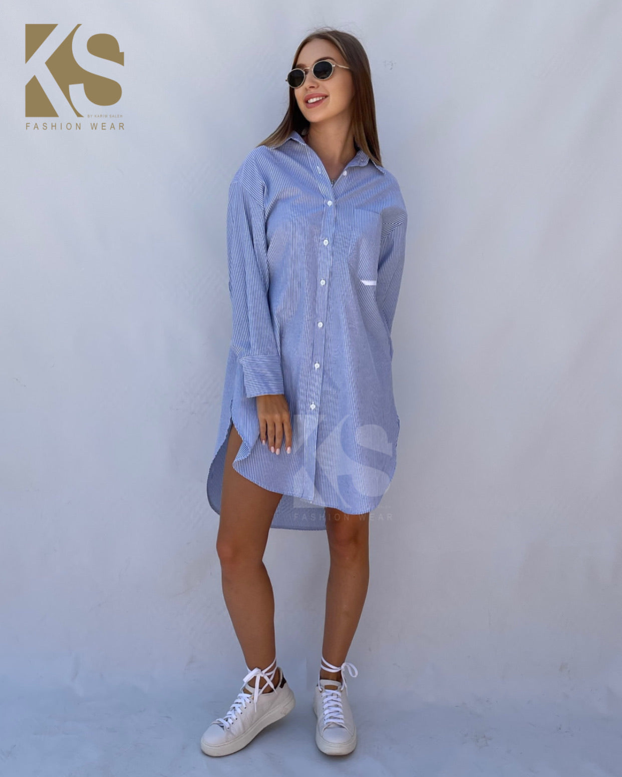 Oversized Striped Shirt Dress - Striped Blue