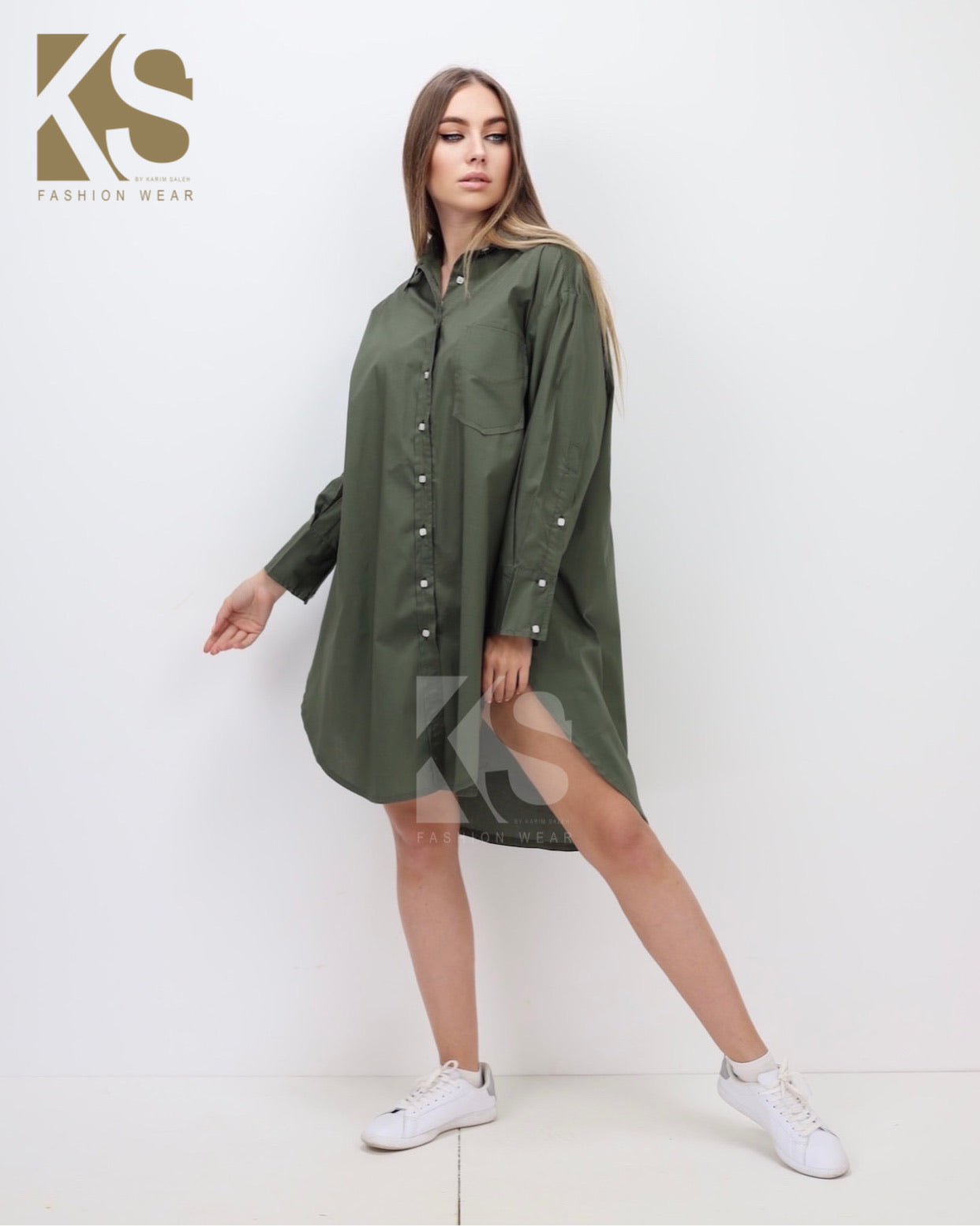 Oversized Shirt Dress - Dark Olive
