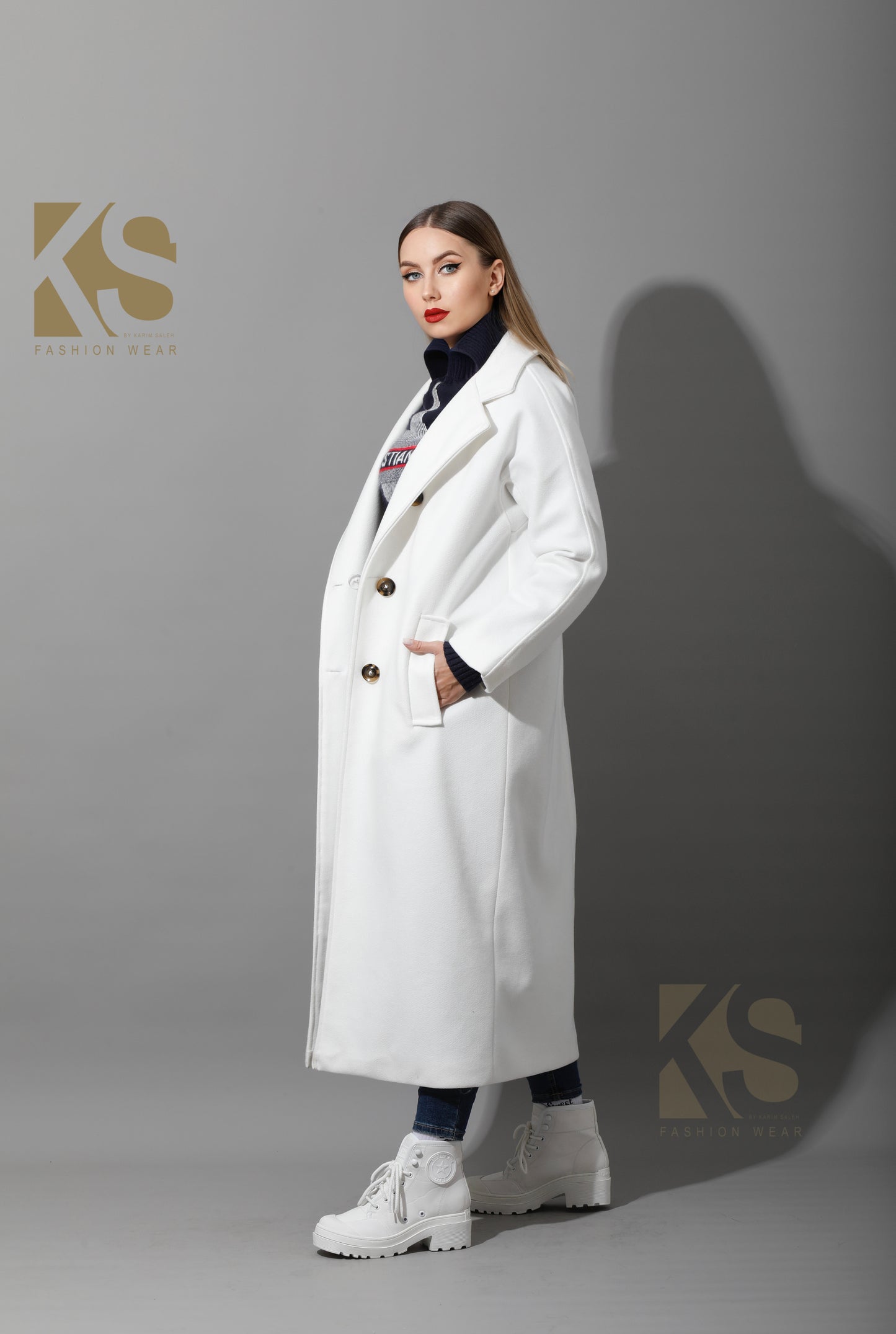 Long Double Breasted Coat - White