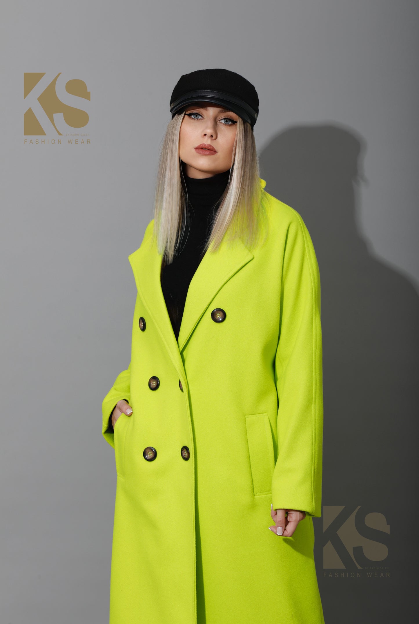Long Double Breasted Coat - Lime Green