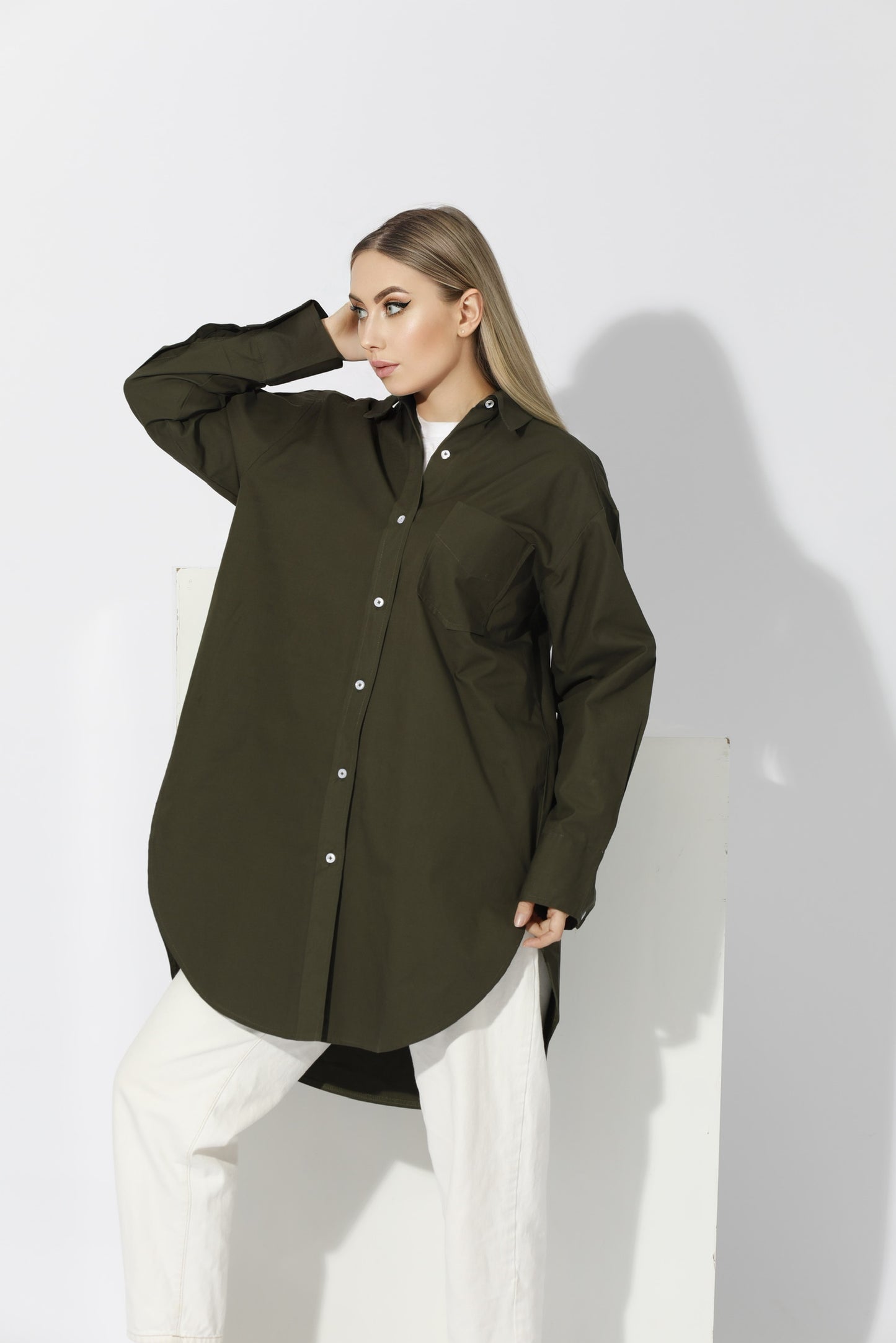 Oversized Shirt Dress - Dark Olive