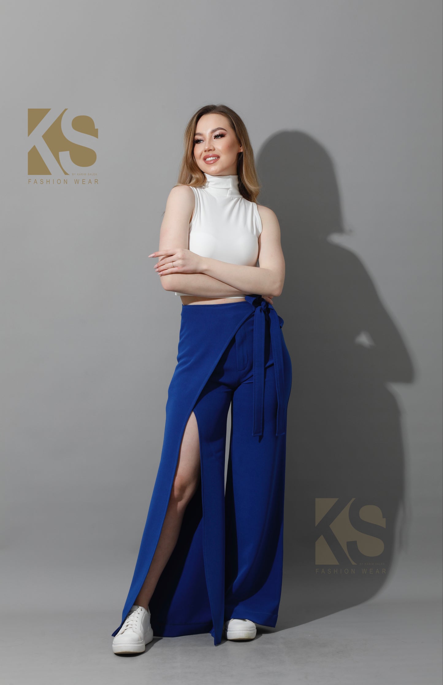 Wrap Pants With Front Slit - Electric Blue