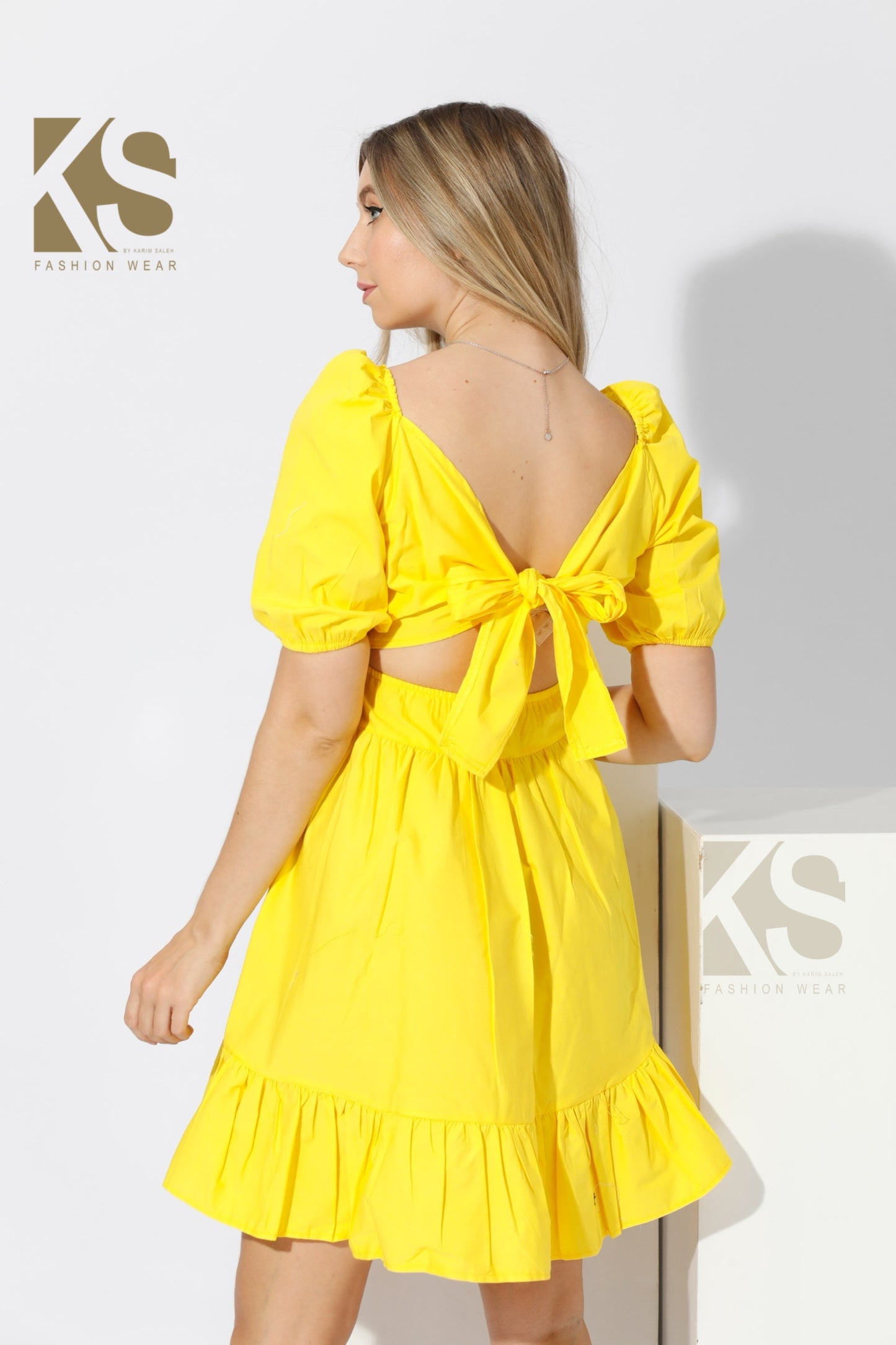 Short Dress with Back Bow tie - Yellow