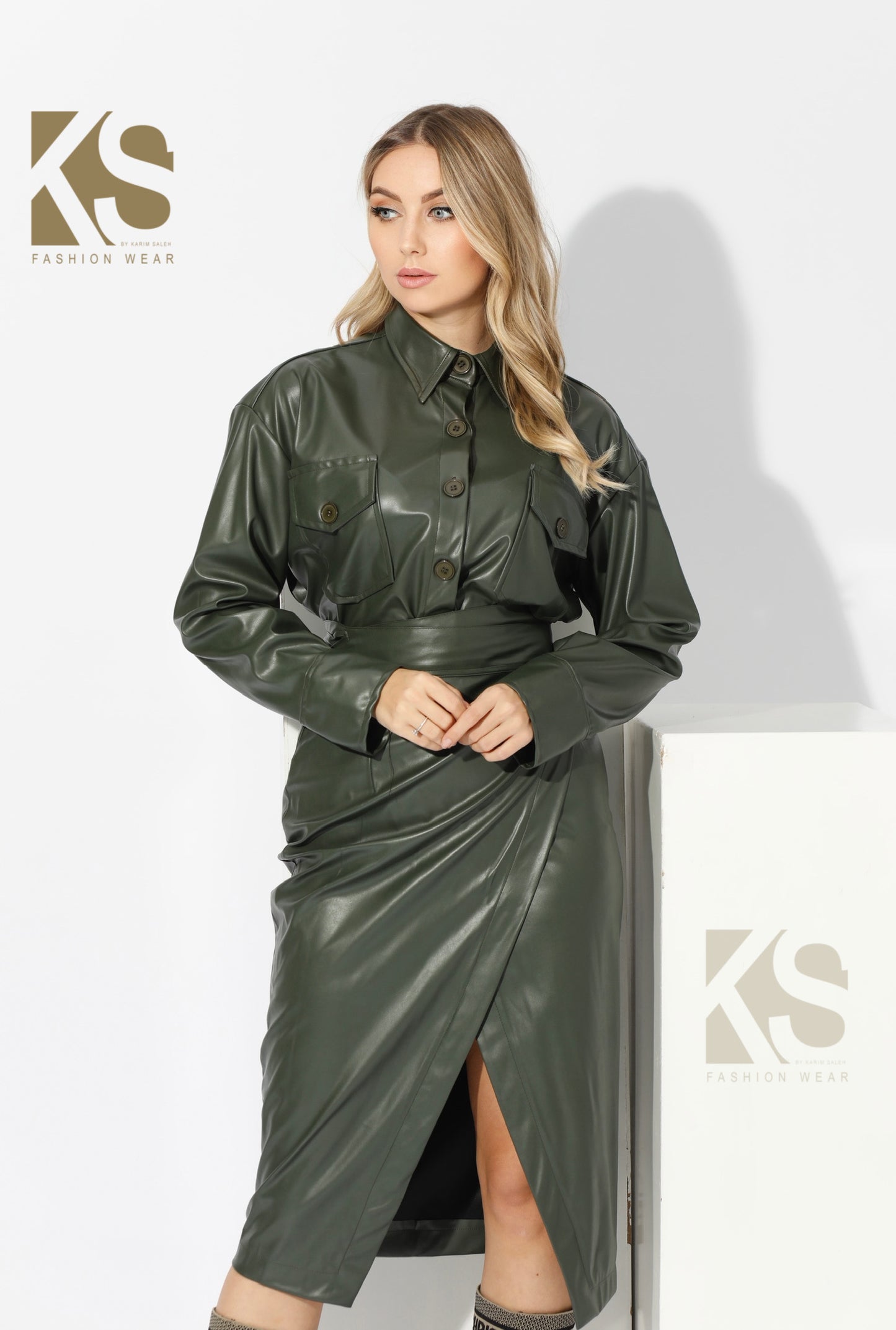Co-Ord Leather Oversized Shirt & Wrapped Skirt - Olive