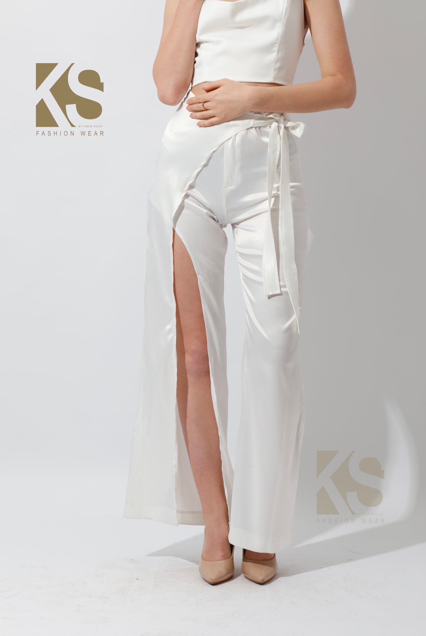 Satin Wrap Pants With Front Slit - White