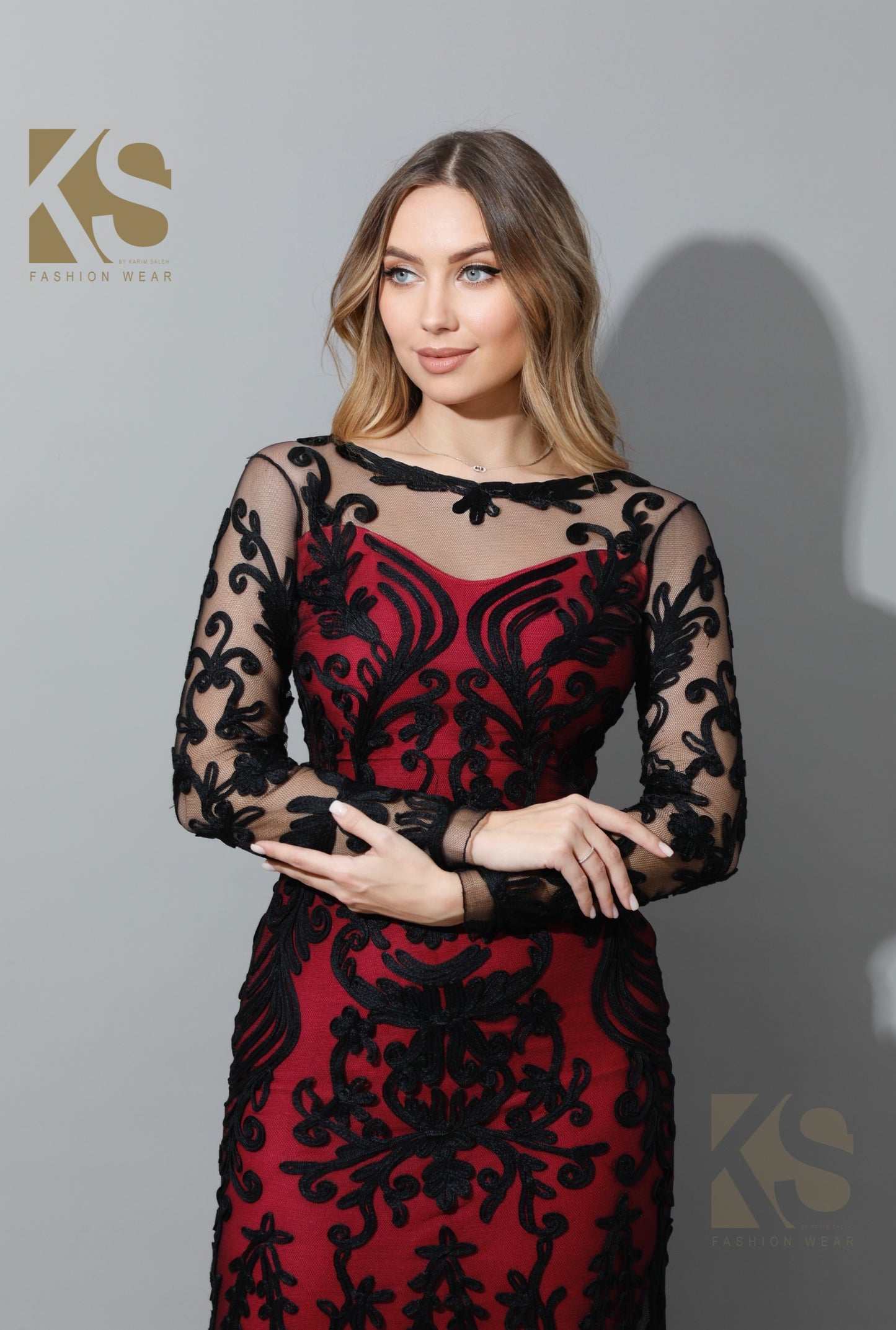 KOMA Designs : Tapework Lace Maxi Dress - Barbie Pink & Black