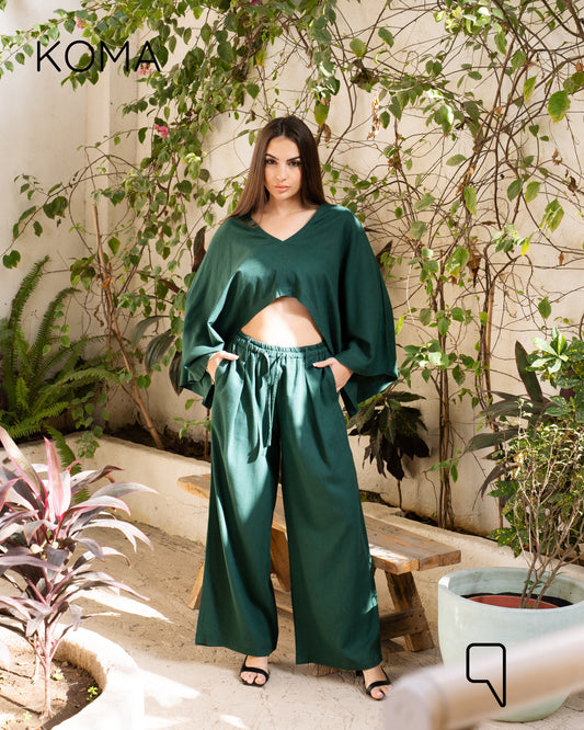 Anabella Asymmetric Cape & Blend Trousers Set - Green