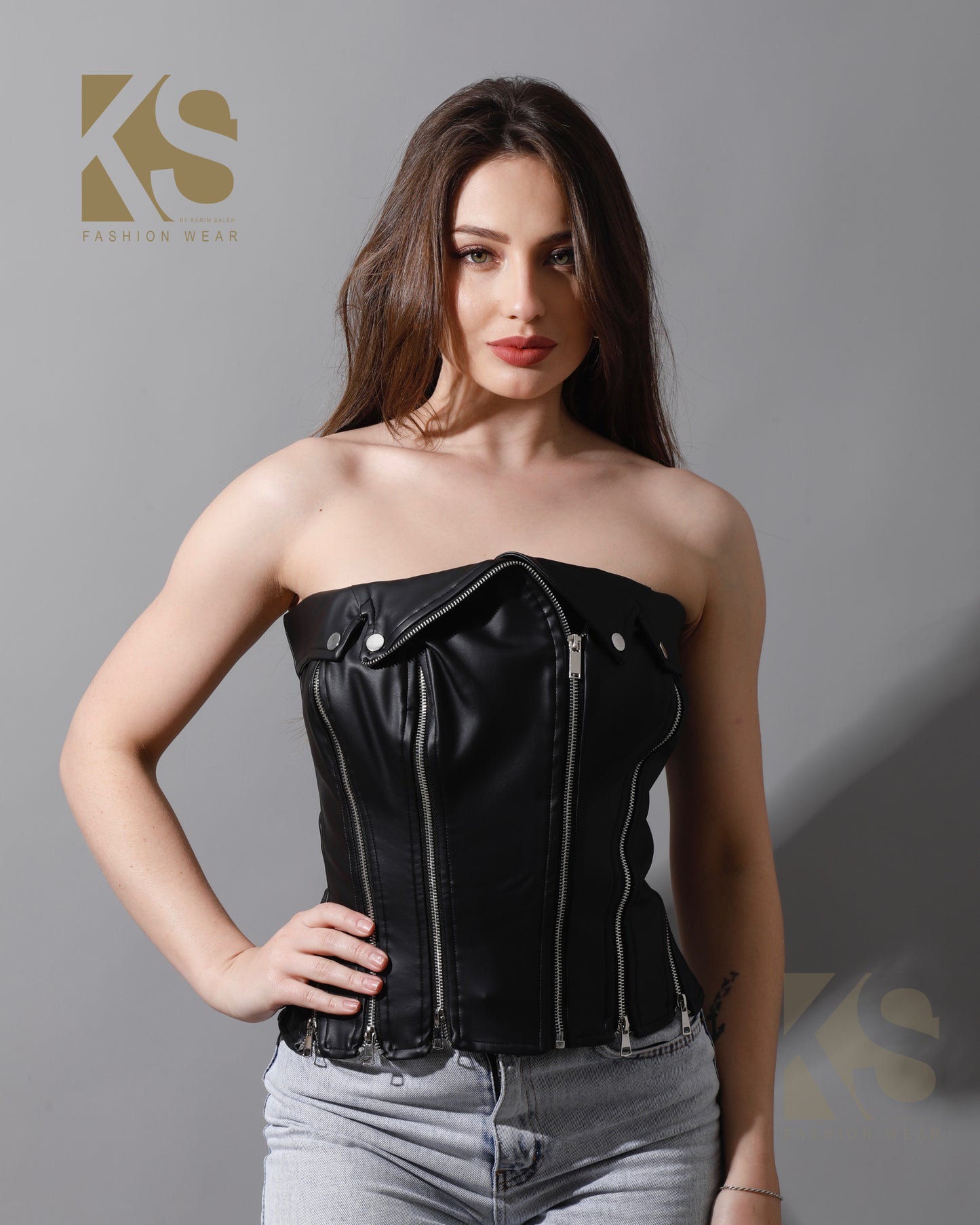 Leather Zippers Corset - Black
