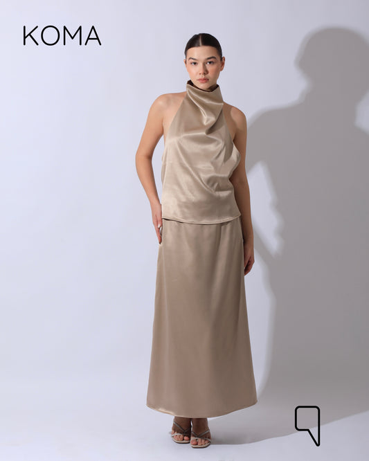 Violet Satin Midi Skirt - Beige