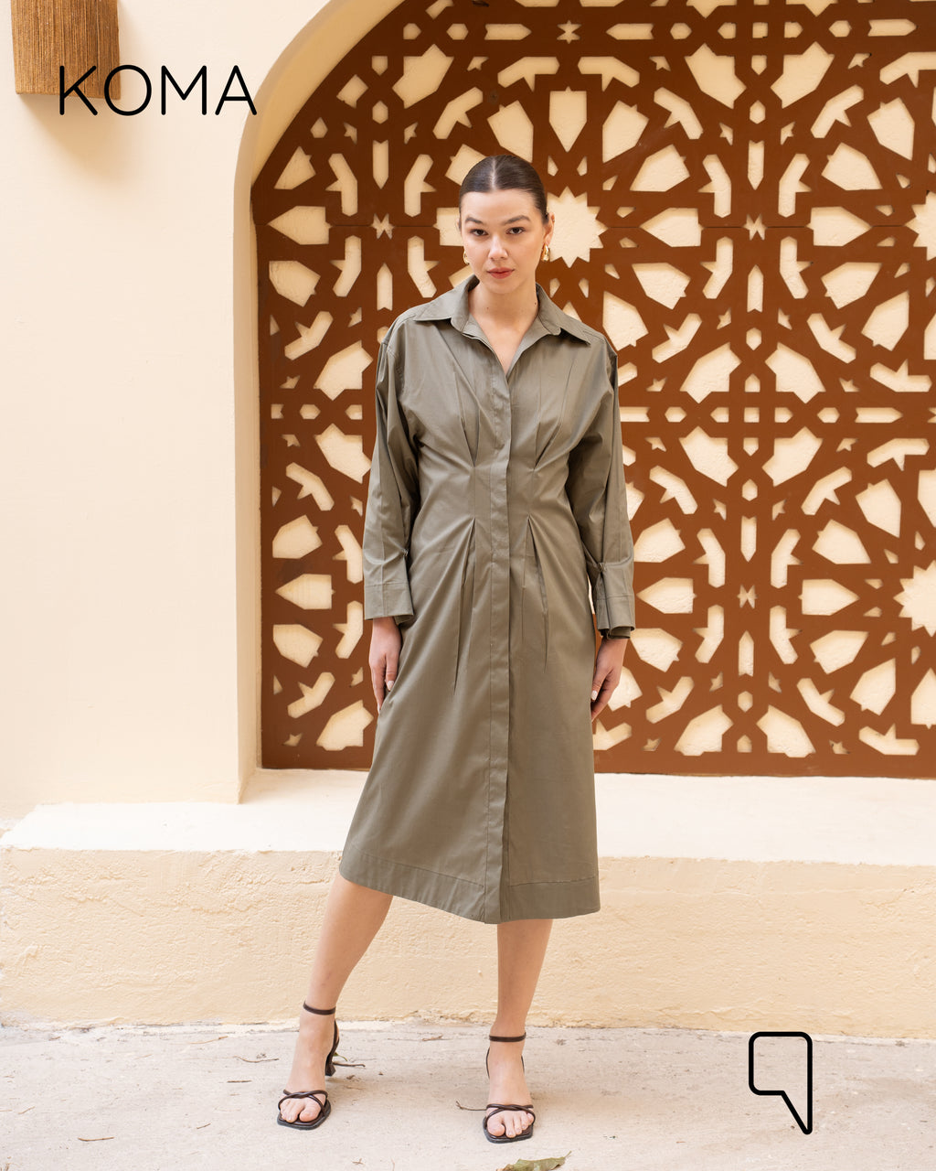 Abigail Midi pleated Shirt Dress - Olive