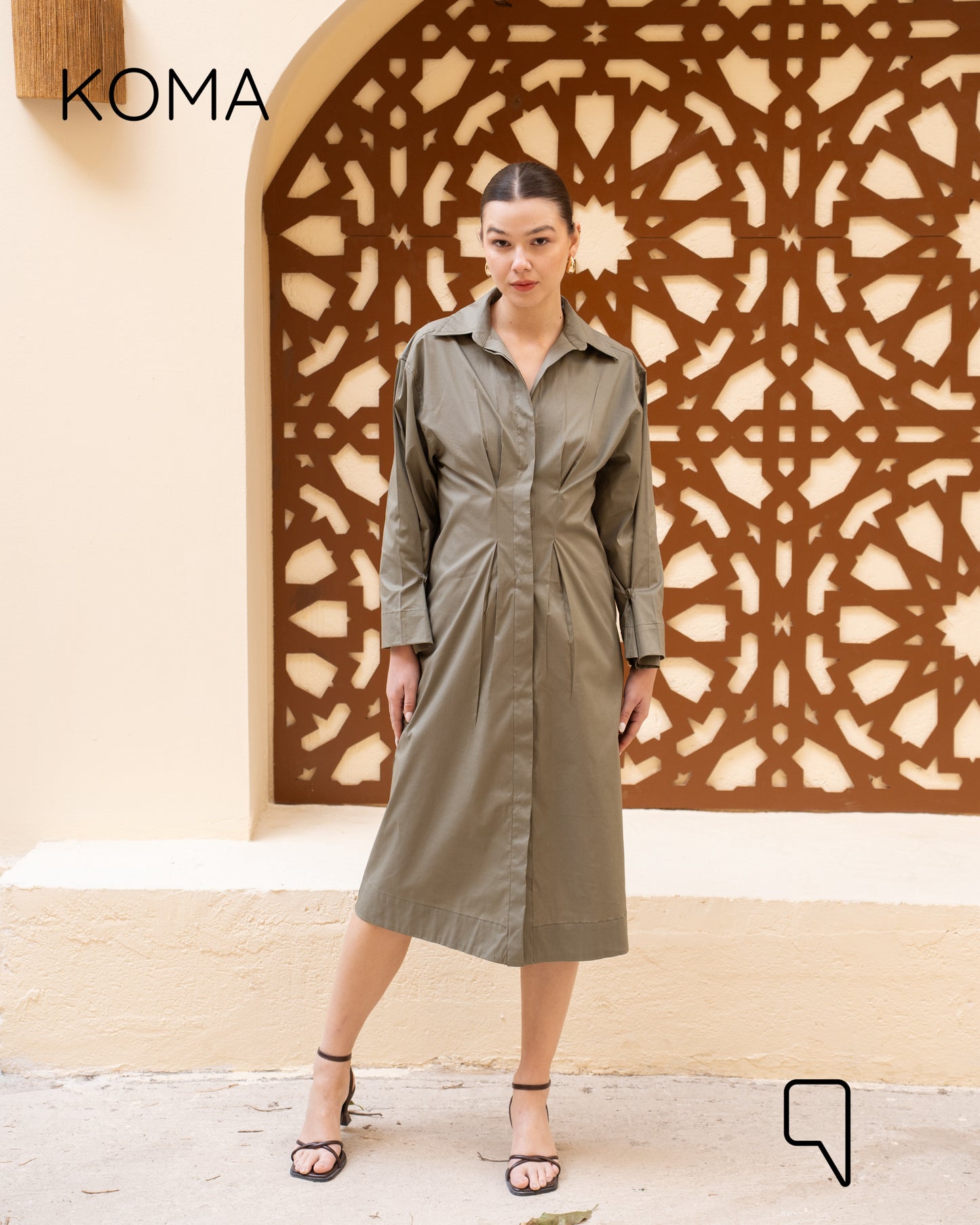 Abigail Midi pleated Shirt Dress - Olive