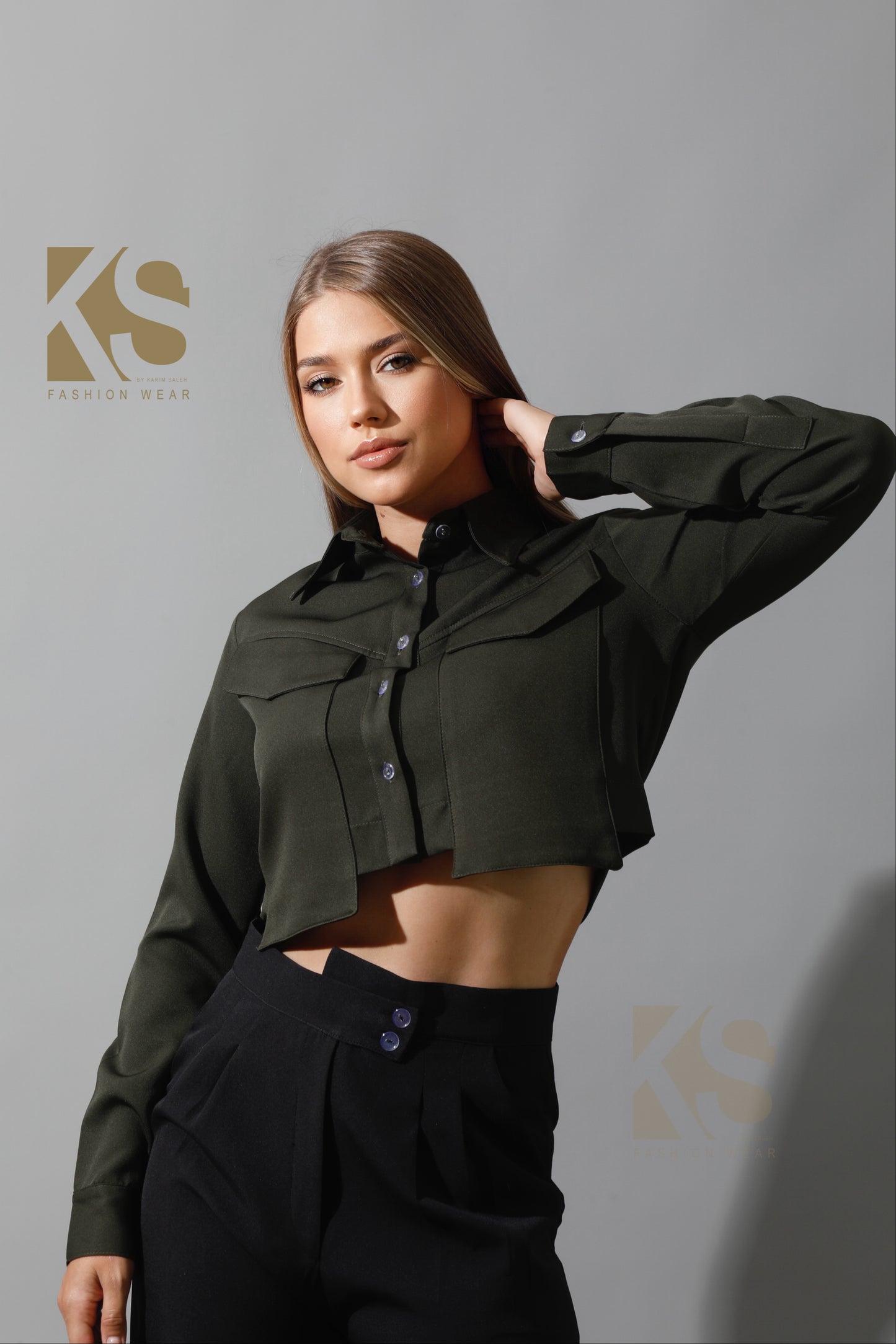 Pockets Cropped Shirt - Olive