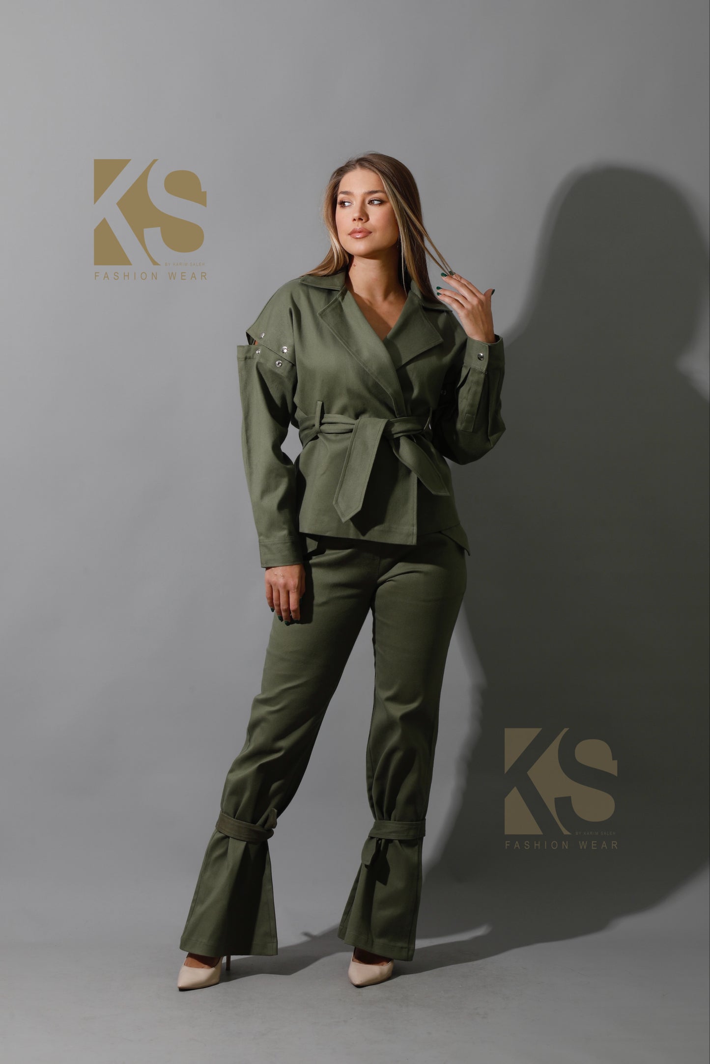 Co-Ord Detached Sleeves Jacket &  Tied BootCut pants - Olive