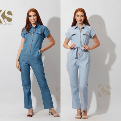 Buttons Jeans Jumpsuit - Blue