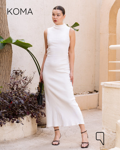 Naomi Halter Neck Midi Sleeveless Dress - White