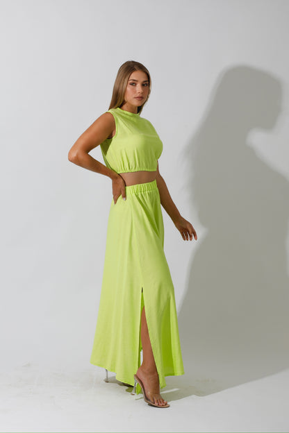 Co-Ord Maxi Side Slite Skirt - Lime Green