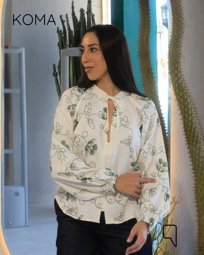 Elsie Rustic Textured Embroidered Blouse - Olive