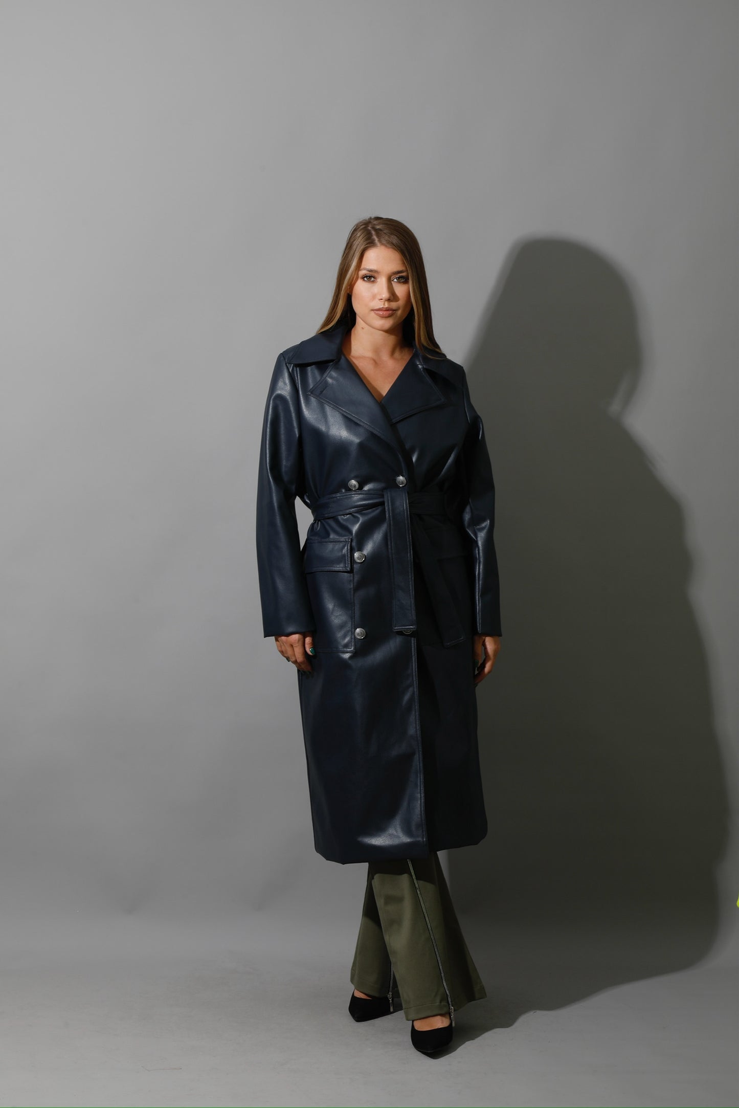 Textured Leather Coat - Navy