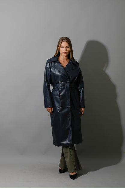 Textured Leather Coat - Navy
