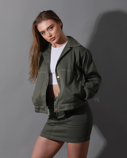 Co-Ord Gabardine Sleeves Jacket & Short Skirt - Olive