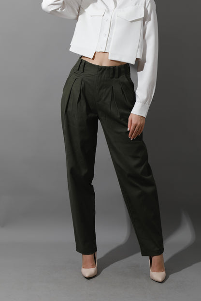 High Rise Paper-Bag Pants - Olive
